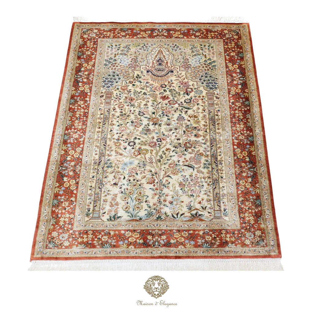 Alfombra persa exclusiva de seda pura - Obra maestra anudada a mano con tintes naturales, firmada, 101 x 155 cm, diseño de oración floral