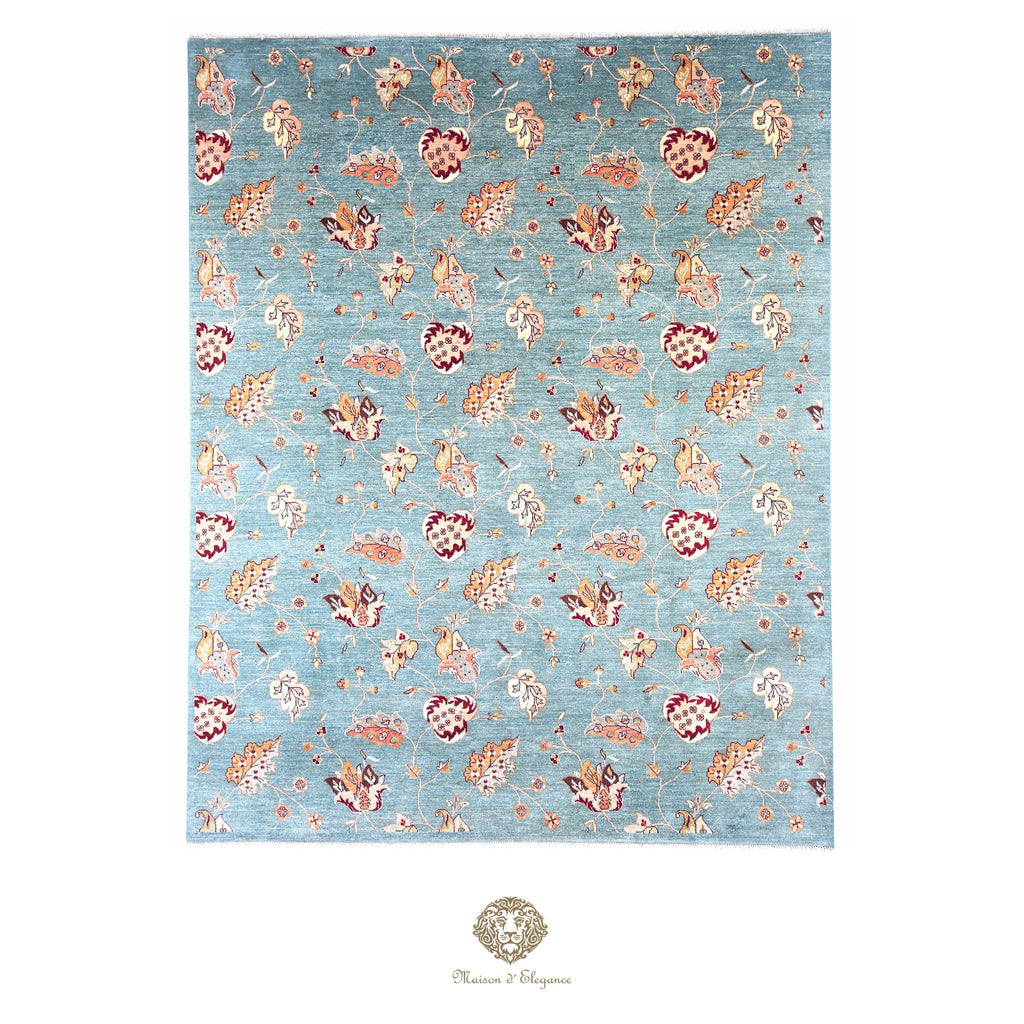 Alfombra de lana estilo Tabriz, superfina color azul marfil con diseño floral | Elegancia 240x308 cm