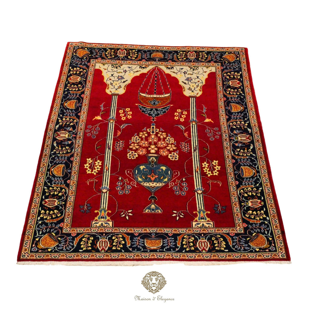 Decorative rug with intricate patterns on a red background
