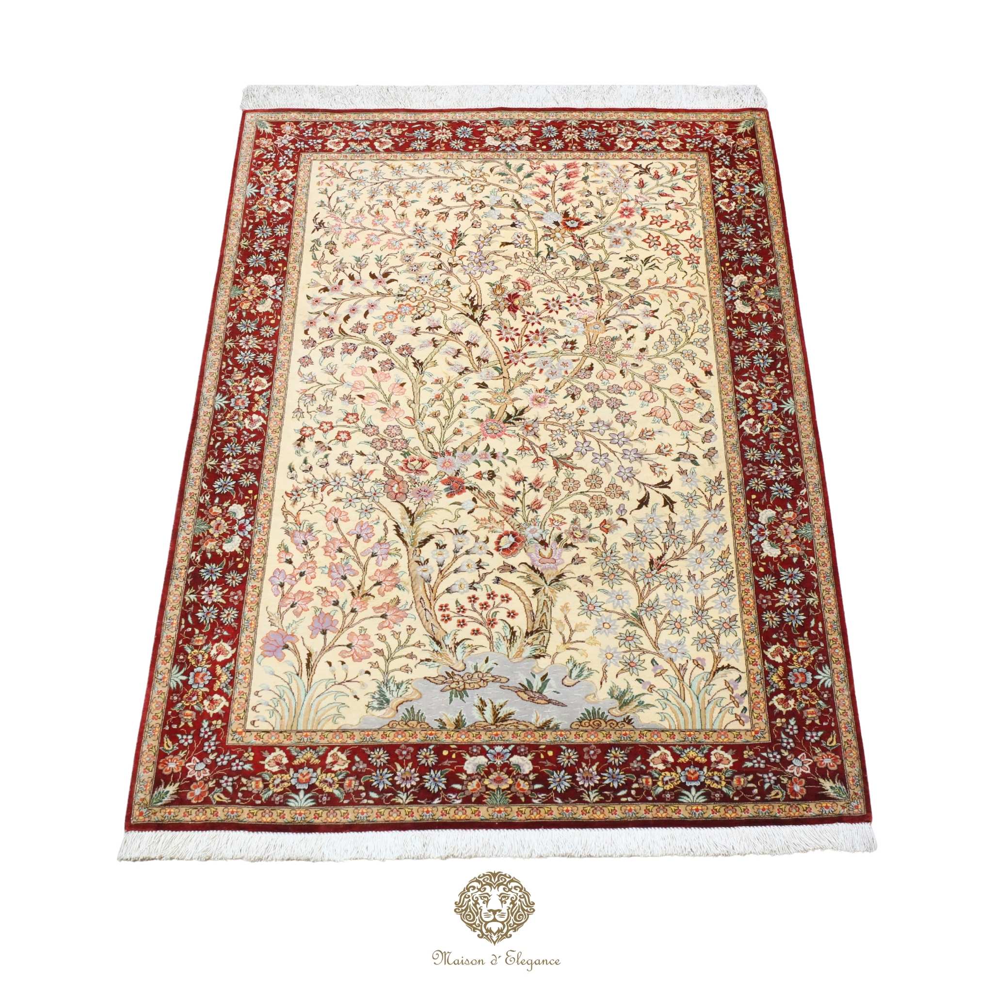 Alfombra persa exclusiva de seda pura - Obra maestra anudada a mano con tintes naturales, firmada, 99 x 154 cm, diseño del árbol de la vida