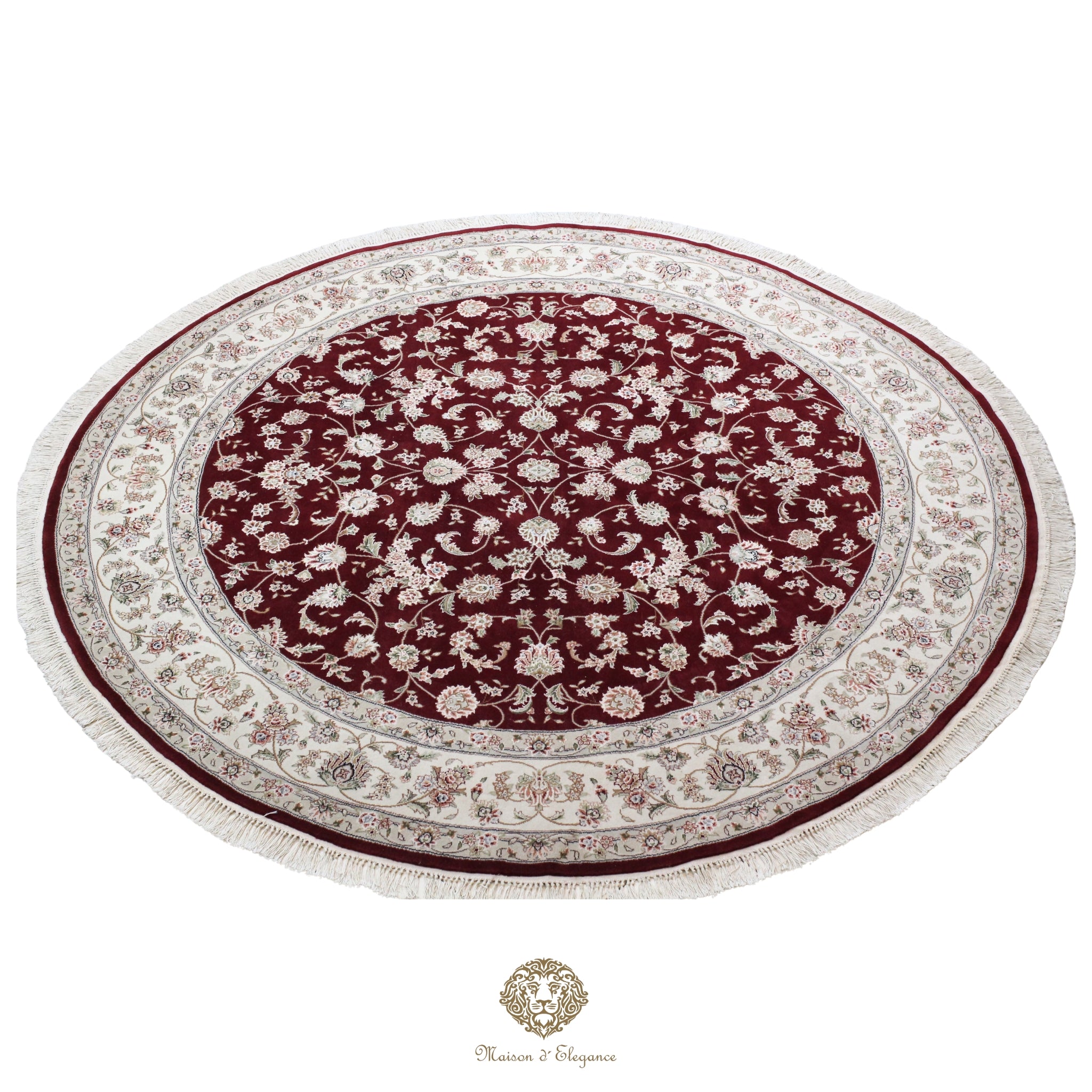 Round red and white patterned rug on a red background