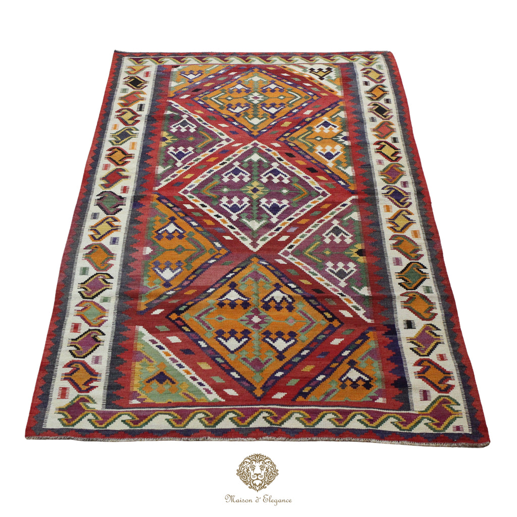Alfombra Kilim Persa Qashqai Antigua Lana Natural Diseño Geométrico 164x281 cm
