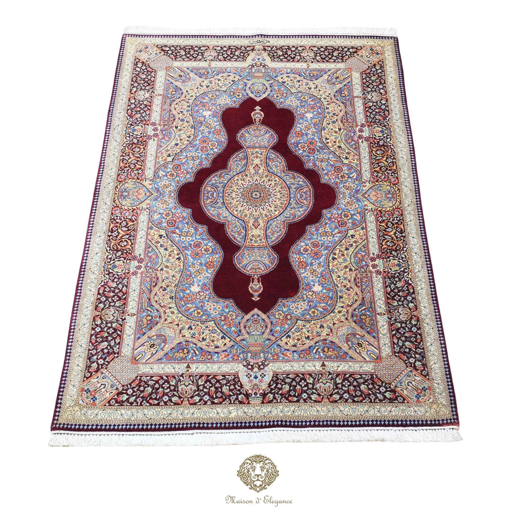 Alfombra persa exclusiva de seda pura, anudada a mano, teñida de forma natural, obra maestra de alta gama, firmada, 98 x 160 cm