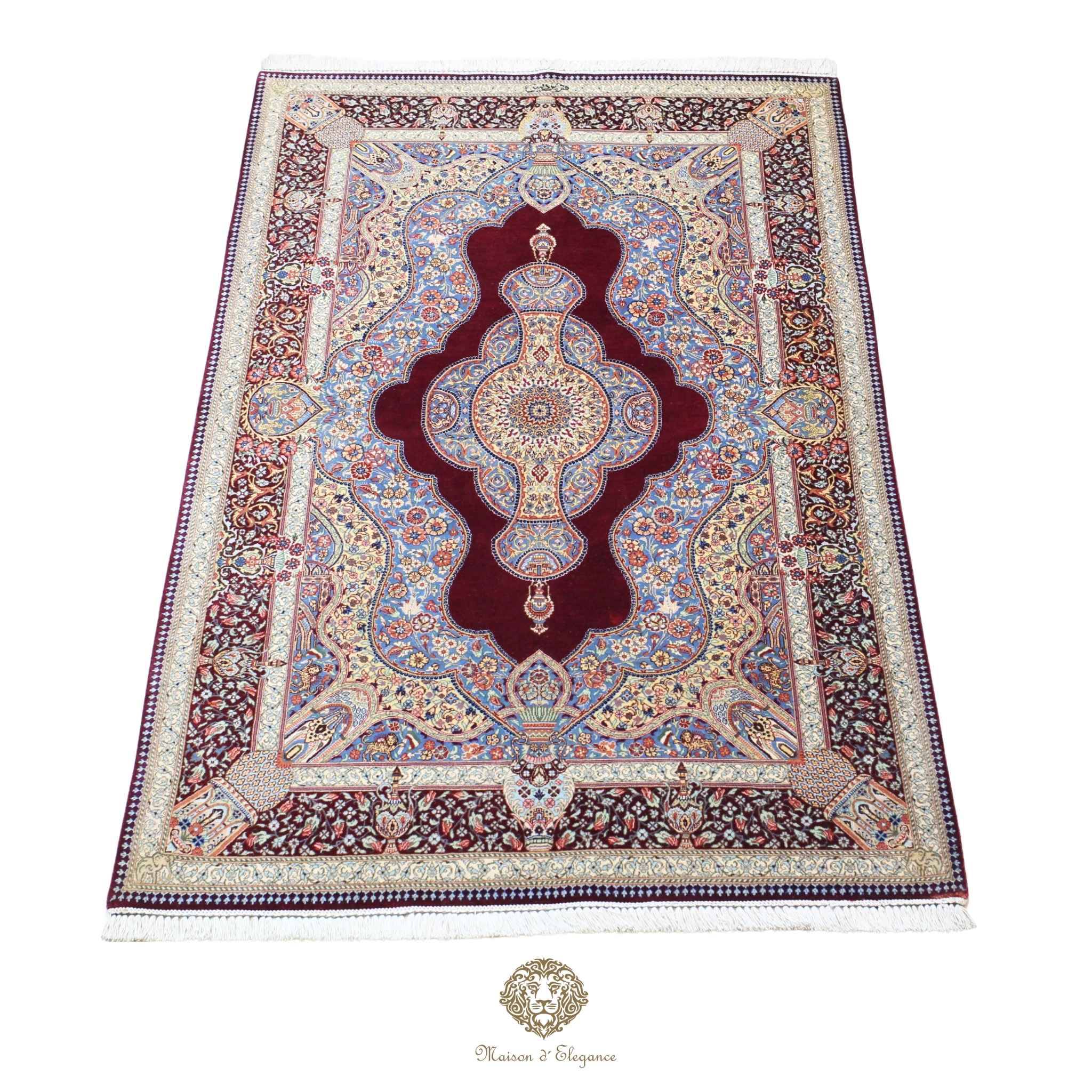 Alfombra persa exclusiva de seda pura, anudada a mano, teñida de forma natural, obra maestra de alta gama, firmada, 98 x 160 cm