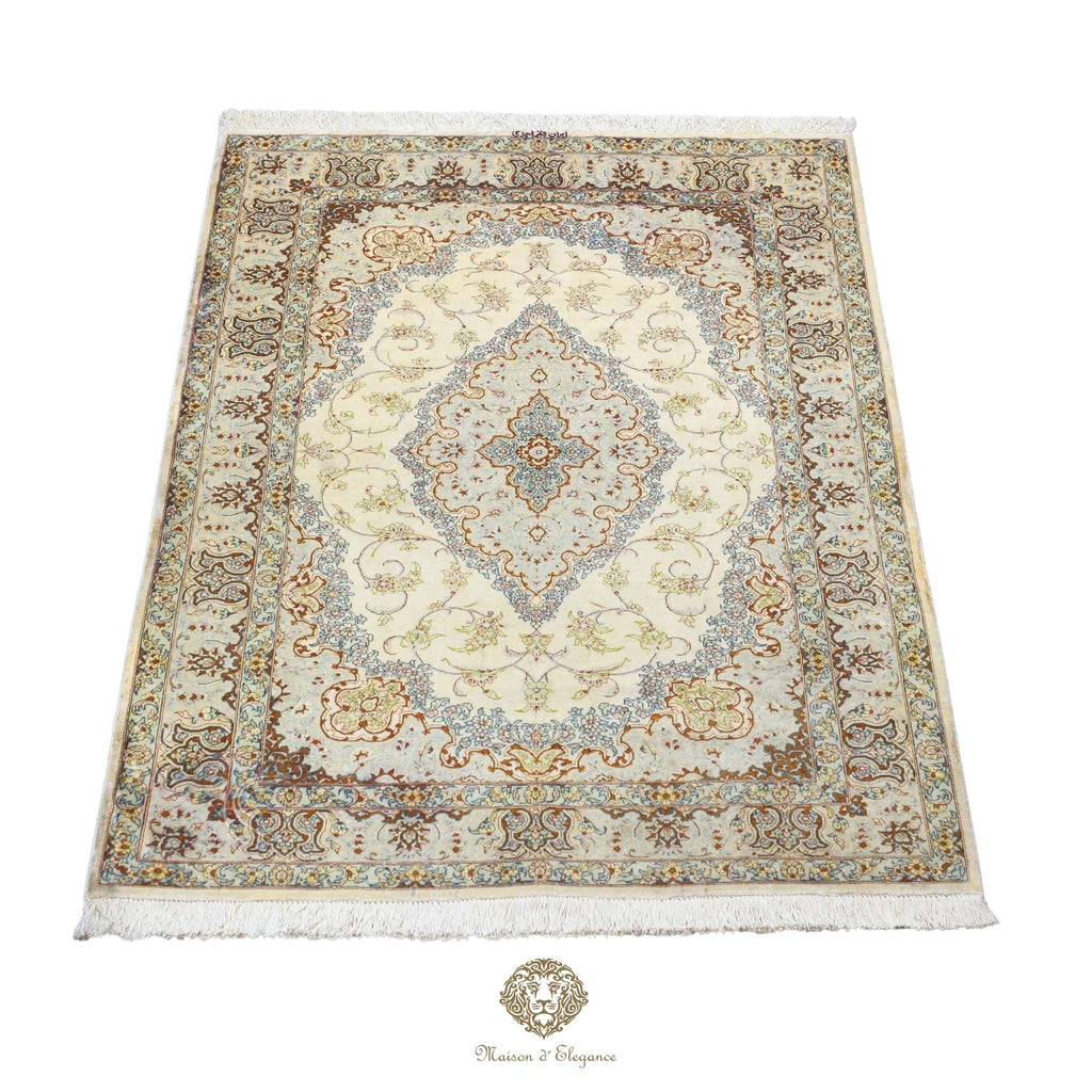 Alfombra persa exclusiva de seda pura, anudada a mano, teñida de forma natural, obra maestra de alta gama, firmada, 101 x 152 cm