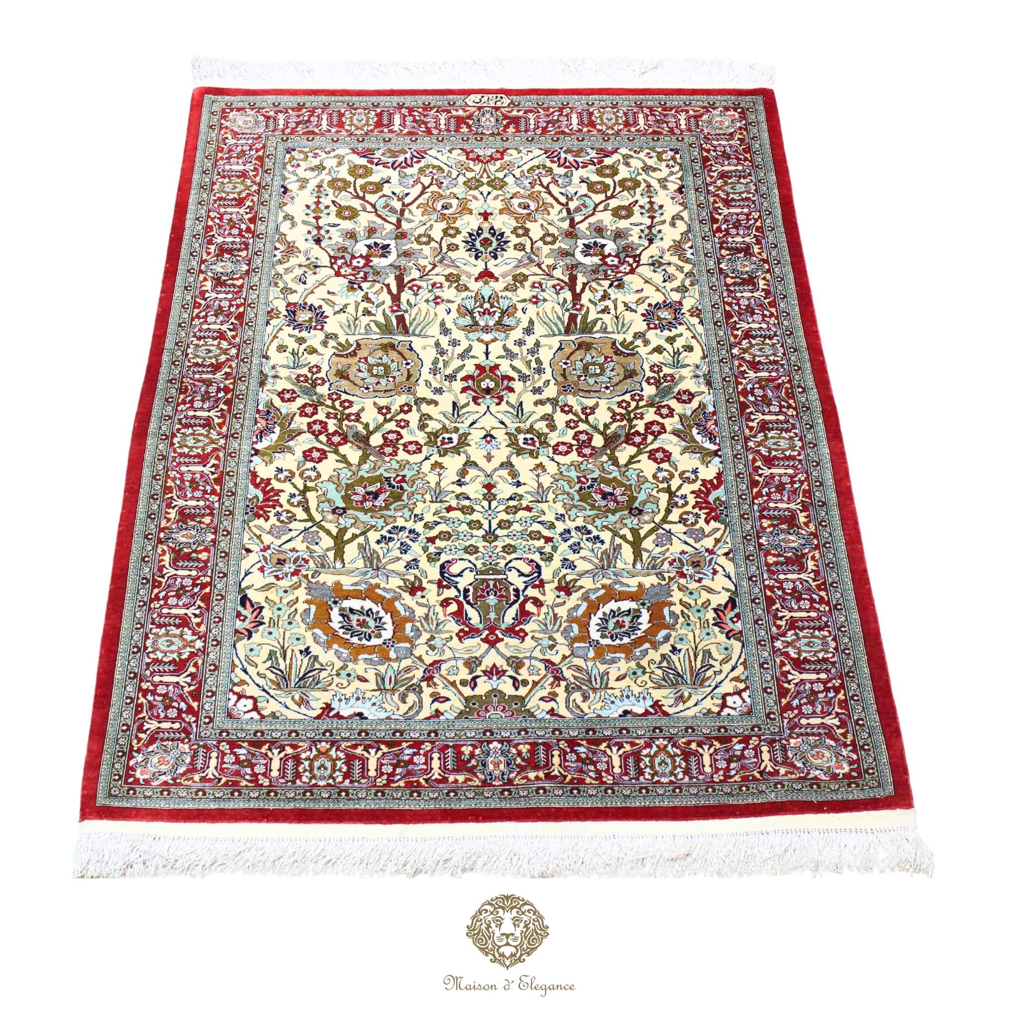Alfombra persa de seda pura, anudada a mano, teñida con tintes naturales, | obra maestra con diseño floral integral, firmada, 105 x 156 cm.