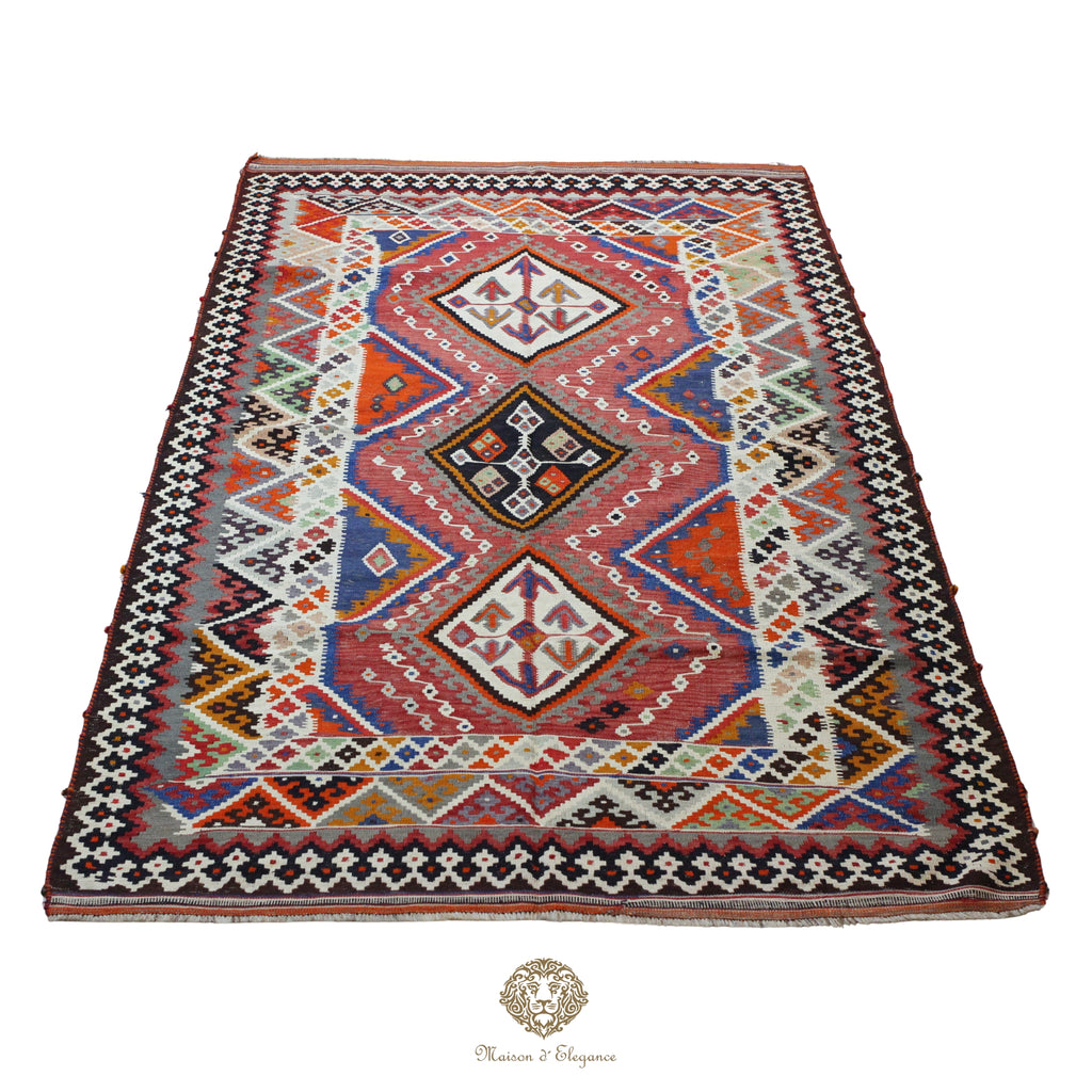 Alfombra Kilim Persa Qashqai Antigua Lana Natural Diseño Geométrico 175x330 cm
