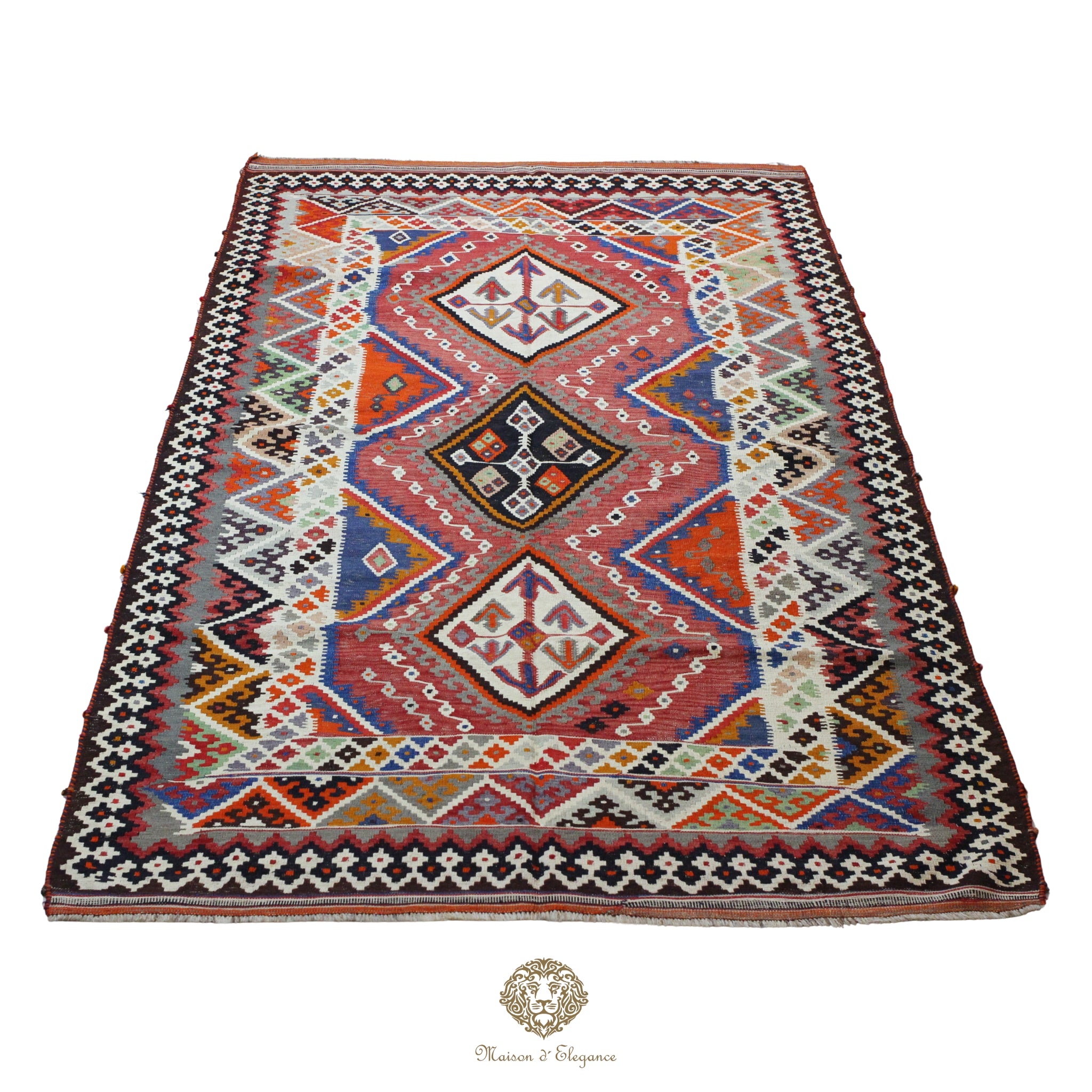 Alfombra Kilim Persa Qashqai Antigua Lana Natural Diseño Geométrico 175x330 cm