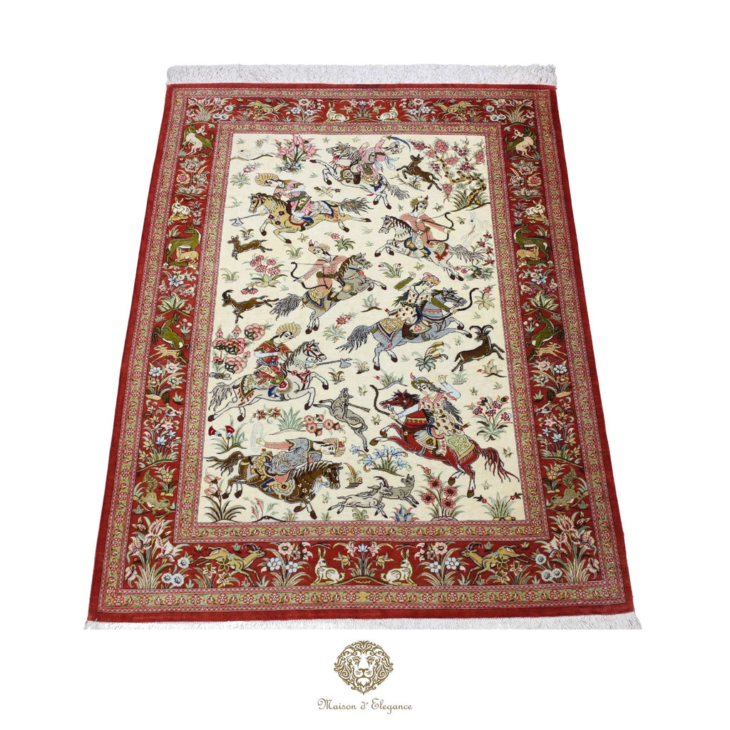 Alfombra persa exclusiva de seda pura - Obra maestra anudada a mano con tintes naturales, firmada, 98 x 156 cm, diseño de caza.