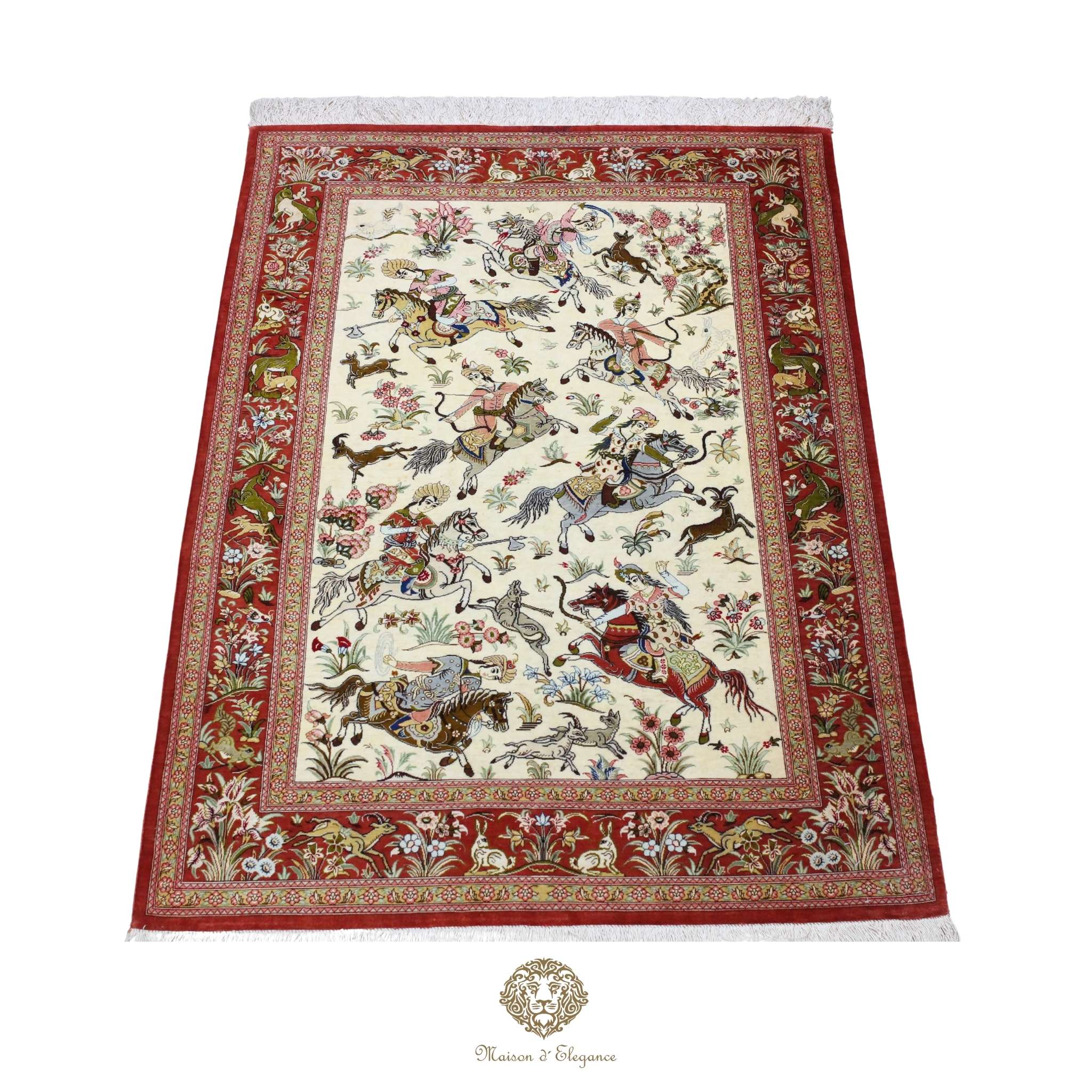 Alfombra persa exclusiva de seda pura - Obra maestra anudada a mano con tintes naturales, firmada, 98 x 156 cm, diseño de caza.