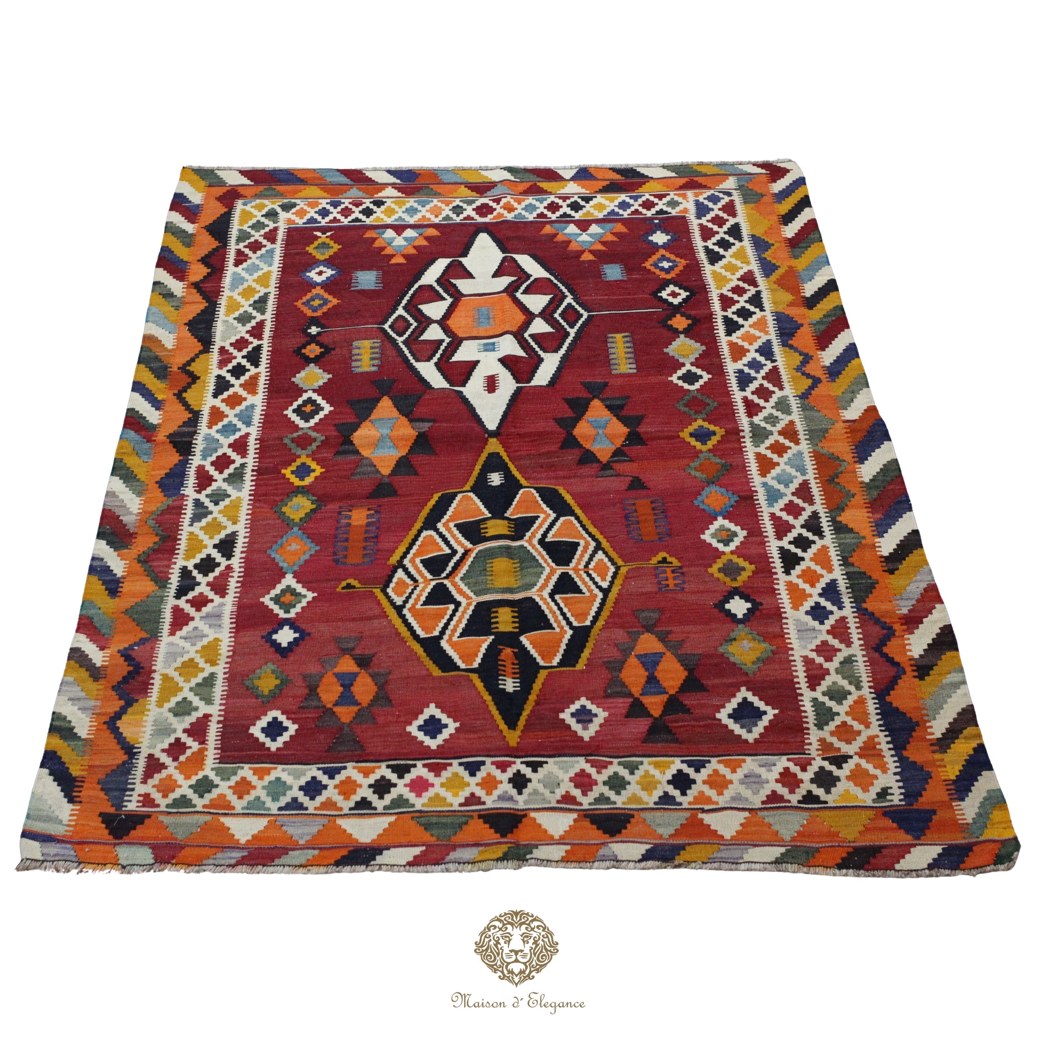 Alfombra Kilim Persa Qashqai Antigua Lana Natural Diseño Geométrico 159x225 cm
