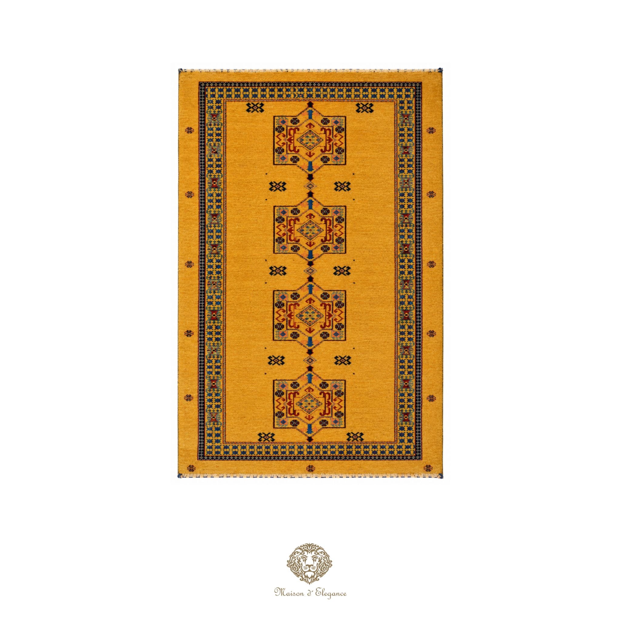 Alfombra persa Kashkuli amarilla tribal | Gabbeh de lana hecha a mano 87 x 160 cm