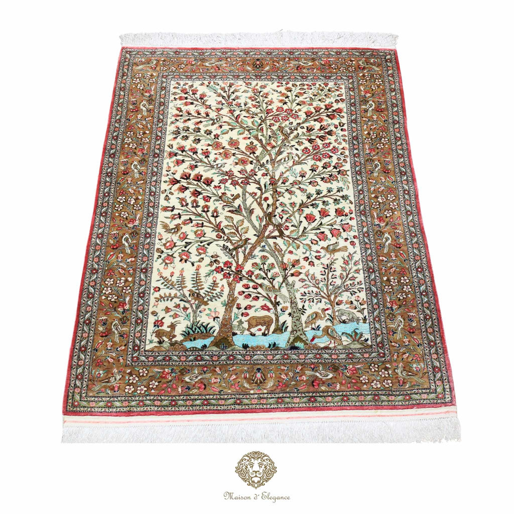 Alfombra persa exclusiva de seda pura - Obra maestra anudada a mano con tintes naturales, firmada, 106 x 156 cm, diseño del árbol de la vida