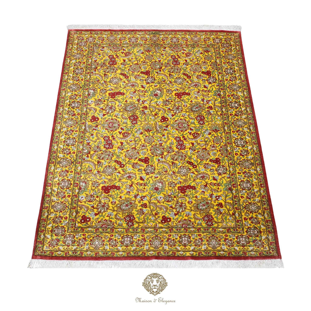 Alfombra persa exclusiva de seda pura - Obra maestra anudada a mano con tintes naturales, firmada, 101 x 159 cm, diseño floral integral.