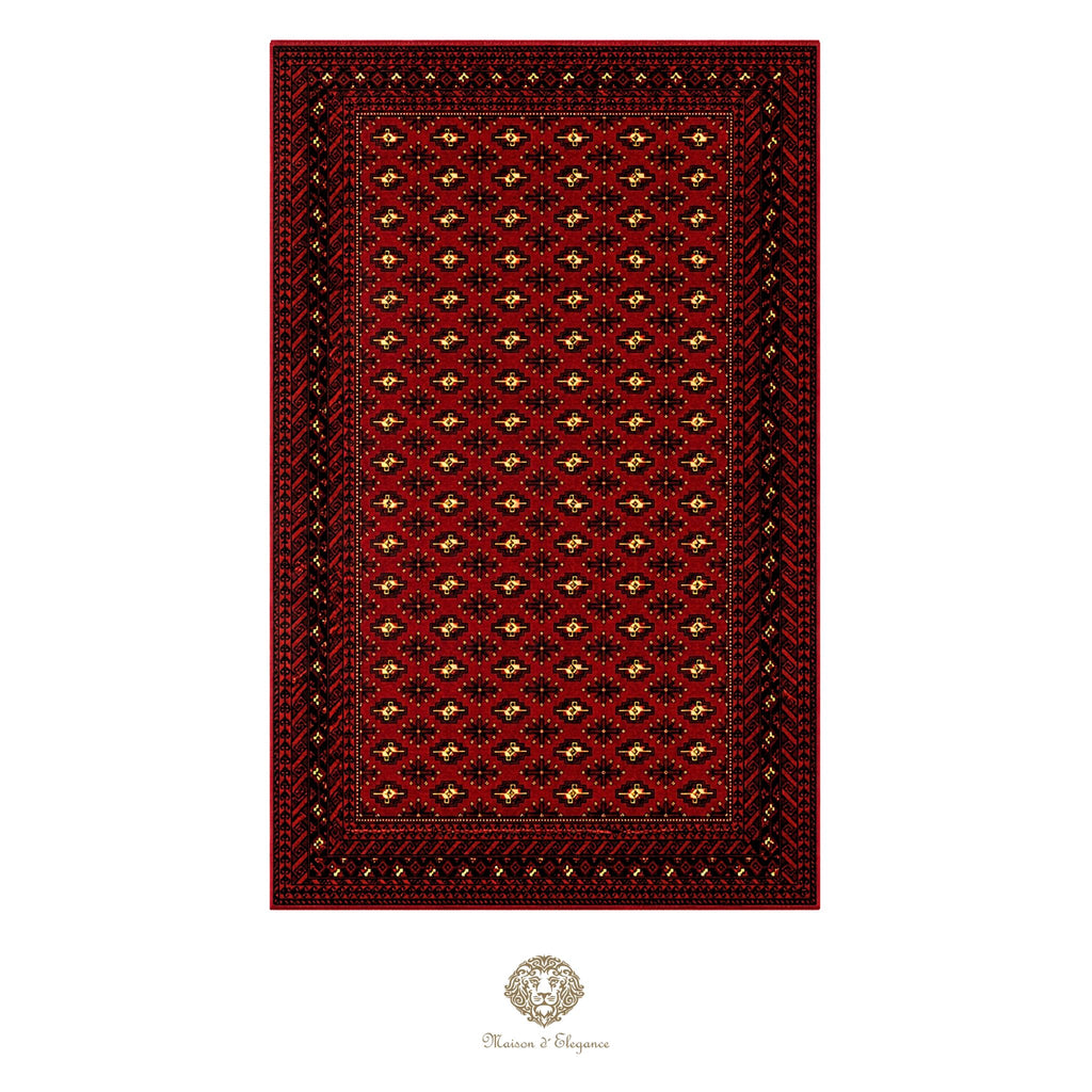 Red patterned rug with gold accents on a red background
