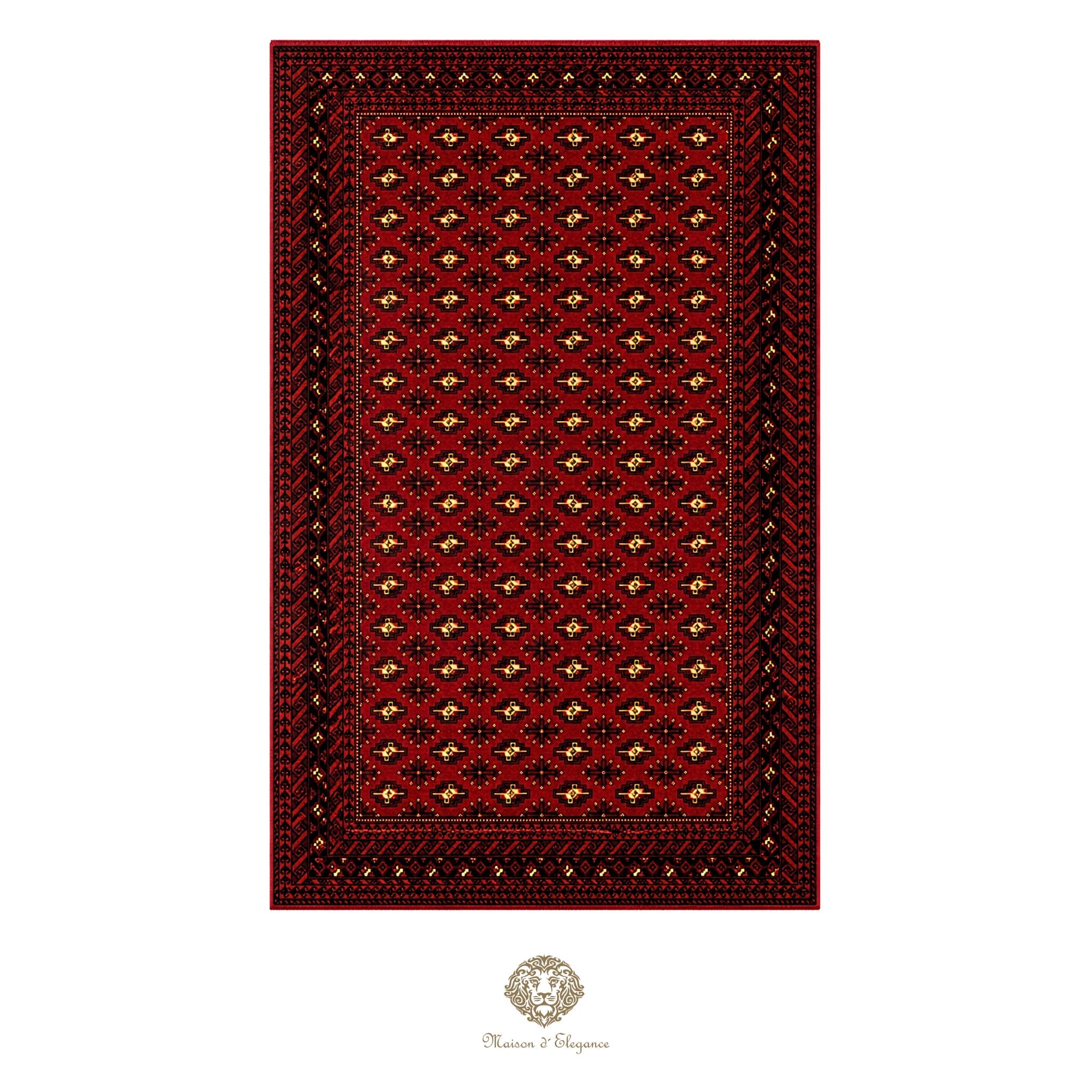 Red patterned rug with gold accents on a red background
