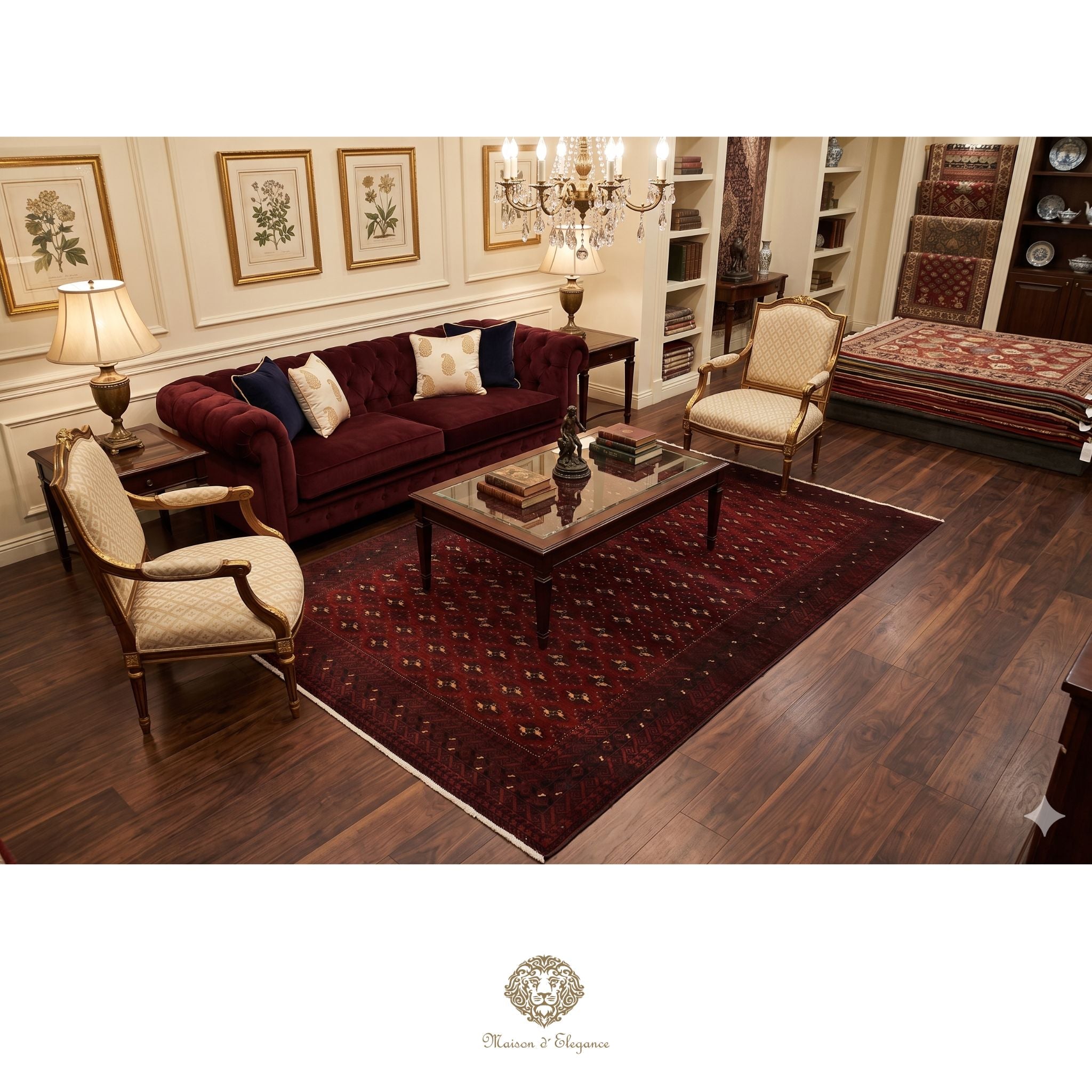 Luxurious living room with a red sofa, chairs, and a coffee table on a wooden floor.