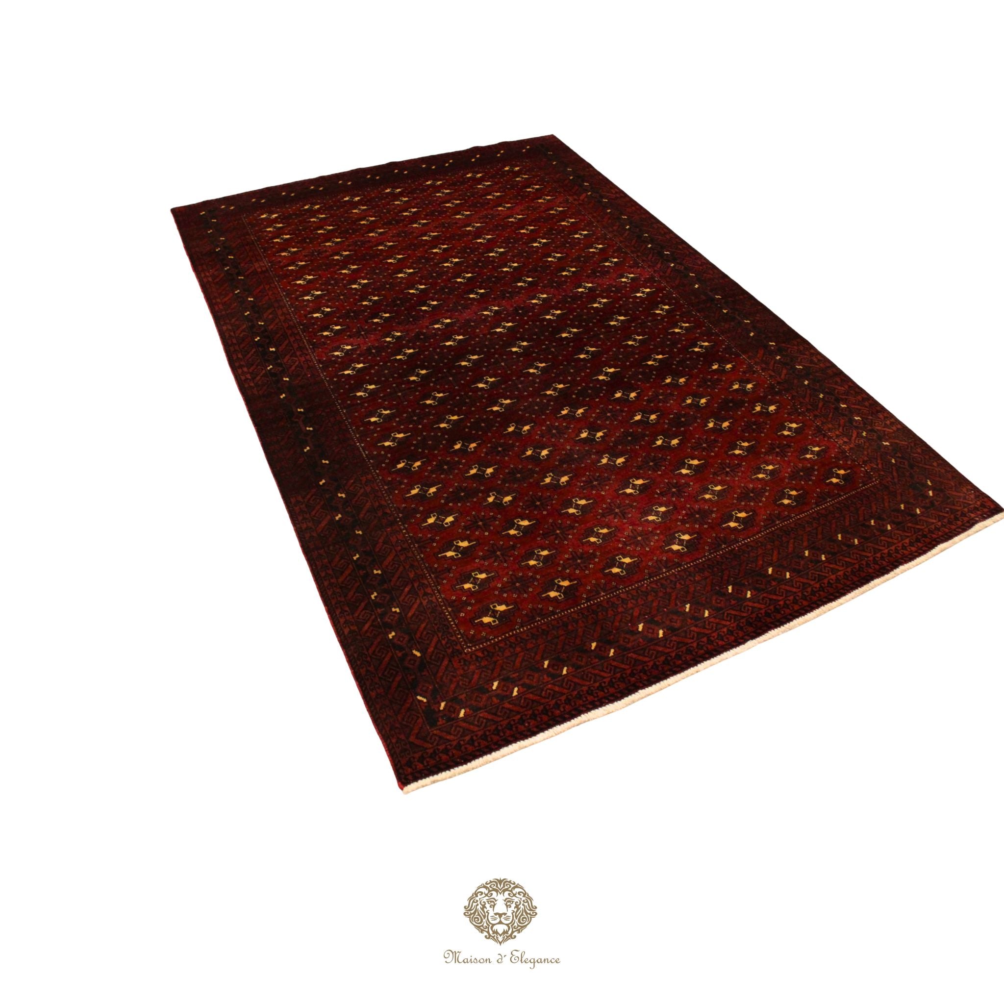 Brown patterned rug on a white background with a brand logo at the bottom.