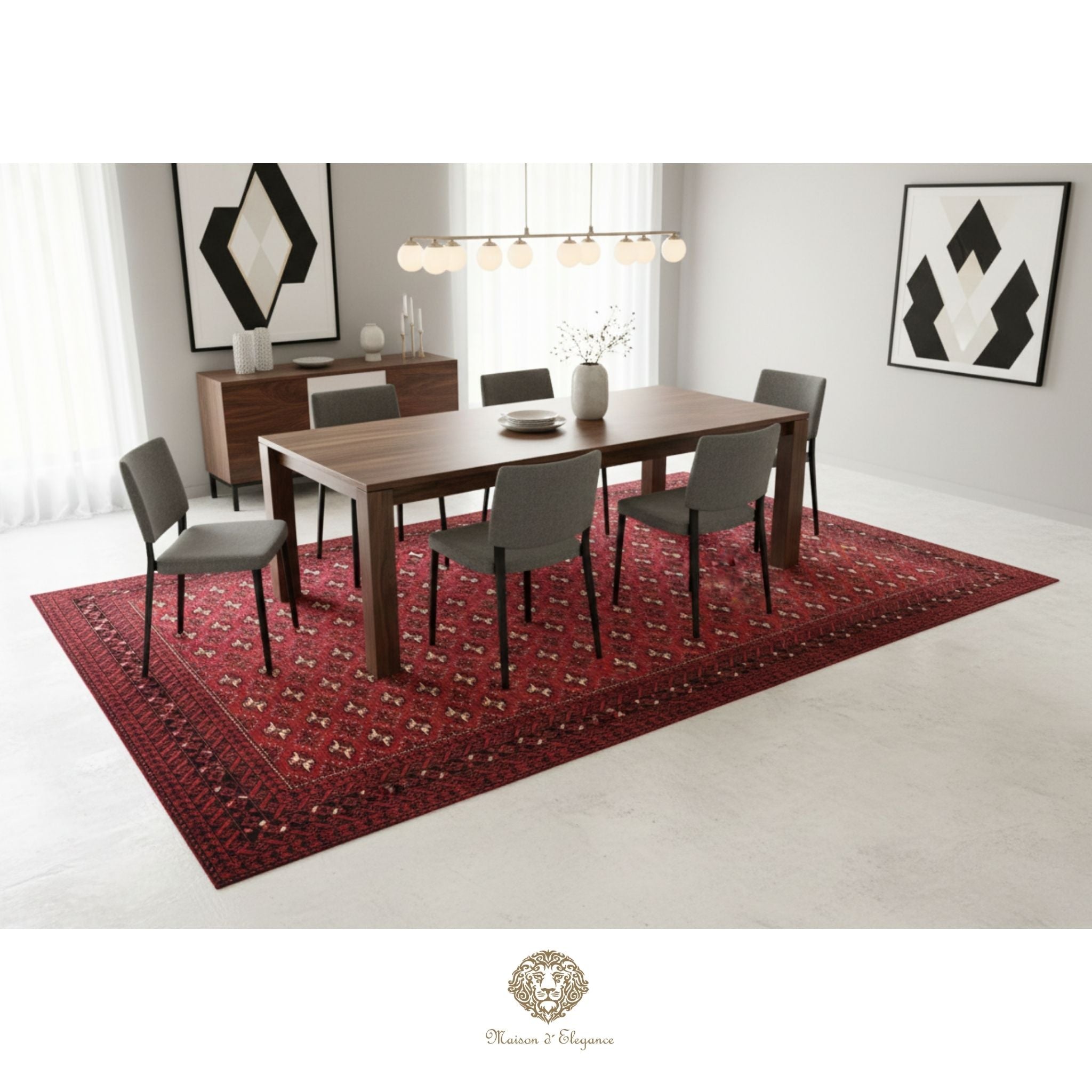 Dining room with a wooden table and chairs on a red patterned rug.