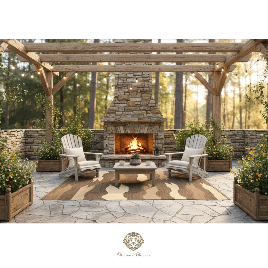 Outdoor patio with stone fireplace, Adirondack chairs, and a wooden pergola.