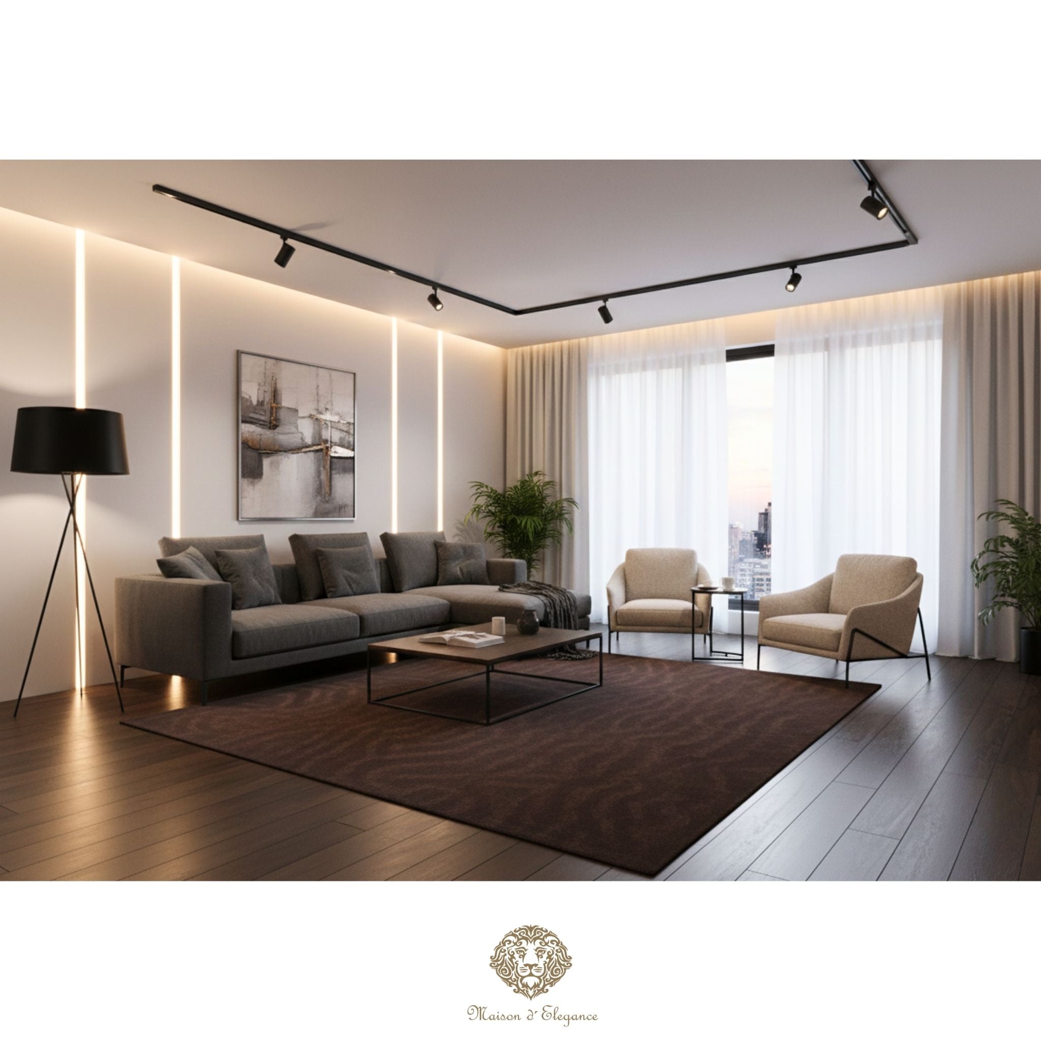 Alfombra de Lana Marrón oscura lisa con diseño en Líneas Orgánicas 210 x 142 cm