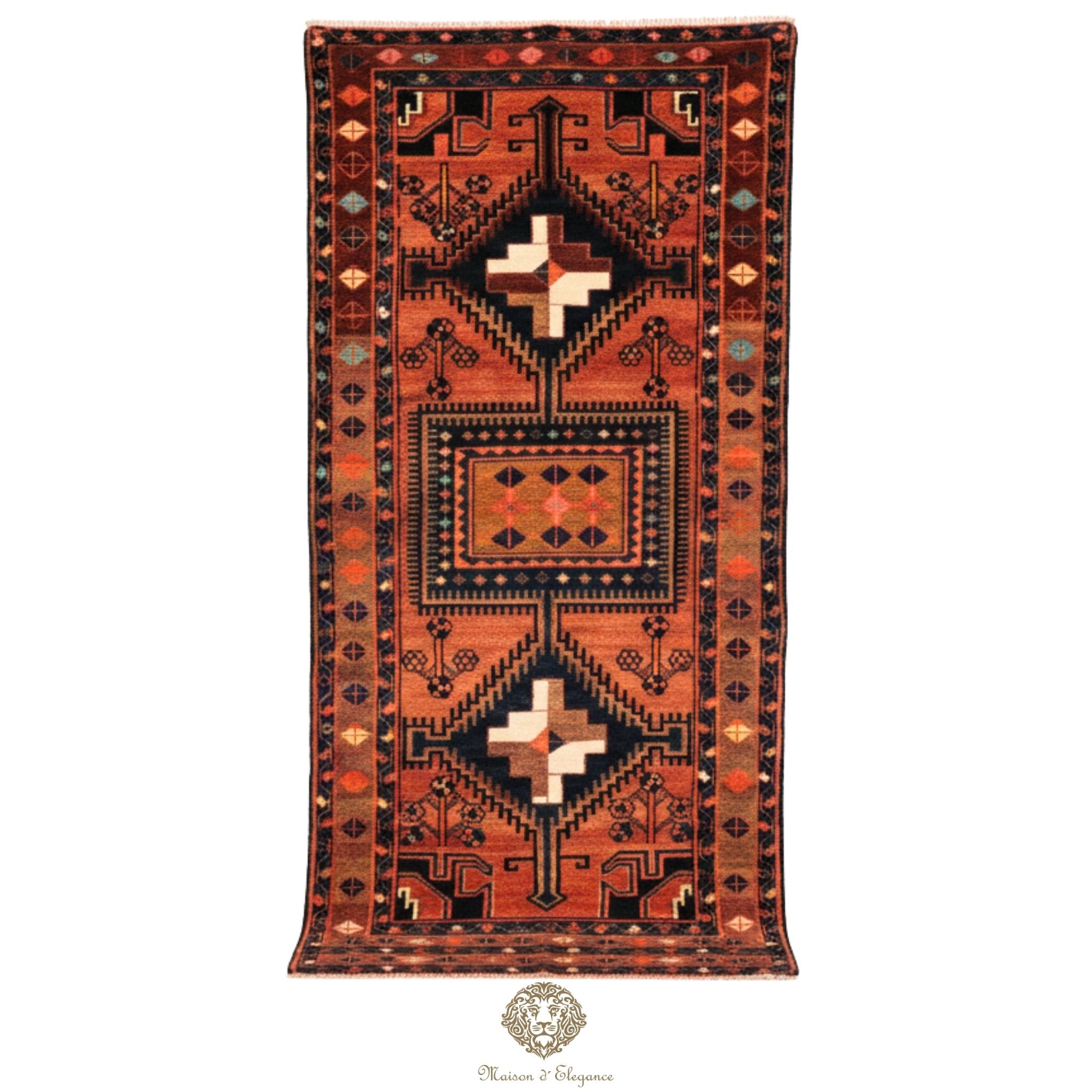 Alfombra Hamedan Lana Doble Centro Geométrico Persa 250 x 118 cm