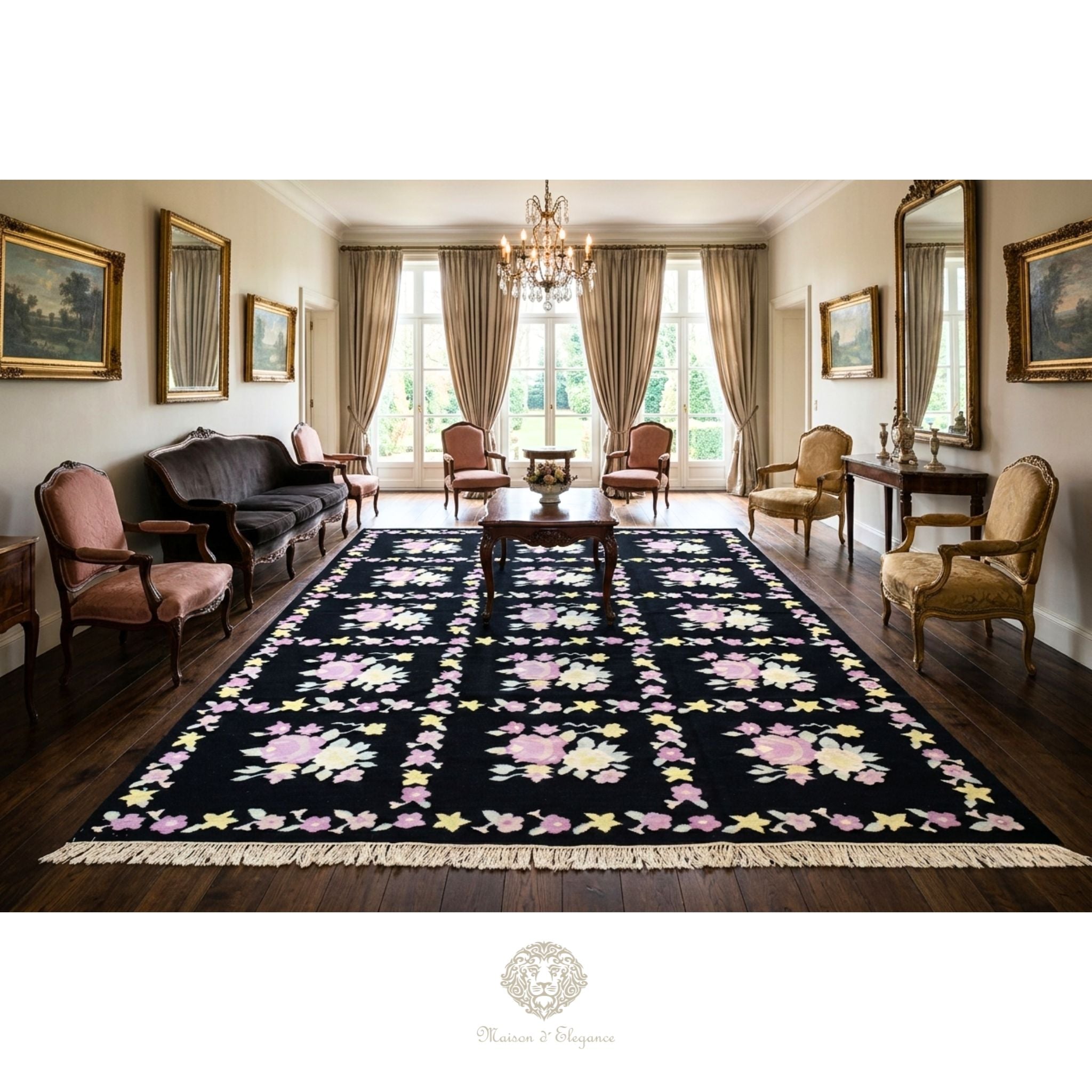 Alfombra Fino Kilim Tejido Plano Lana Negro Natural - Diseño Floral Europea 370x276 Doble cara