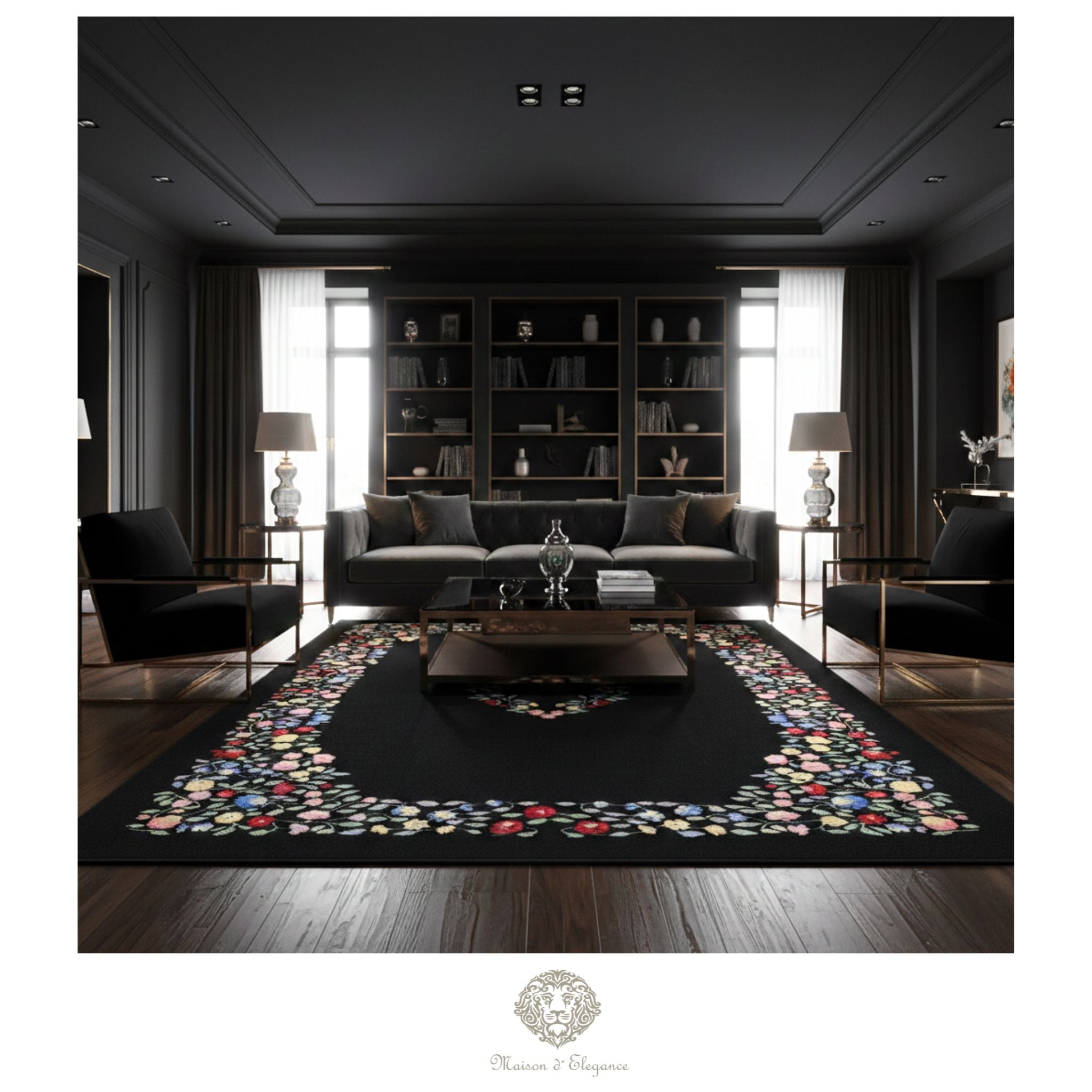 Alfombra Fino Kilim Tejido Plano Lana Negro Natural - Diseño Floral Europea 373x264 cm