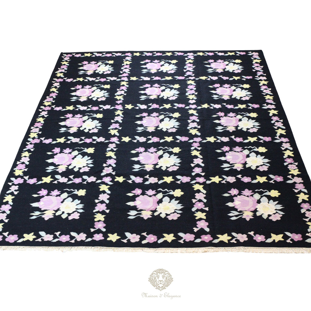 Alfombra Fino Kilim Tejido Plano Lana Negro Natural - Diseño Floral Europea 370x276 Doble cara