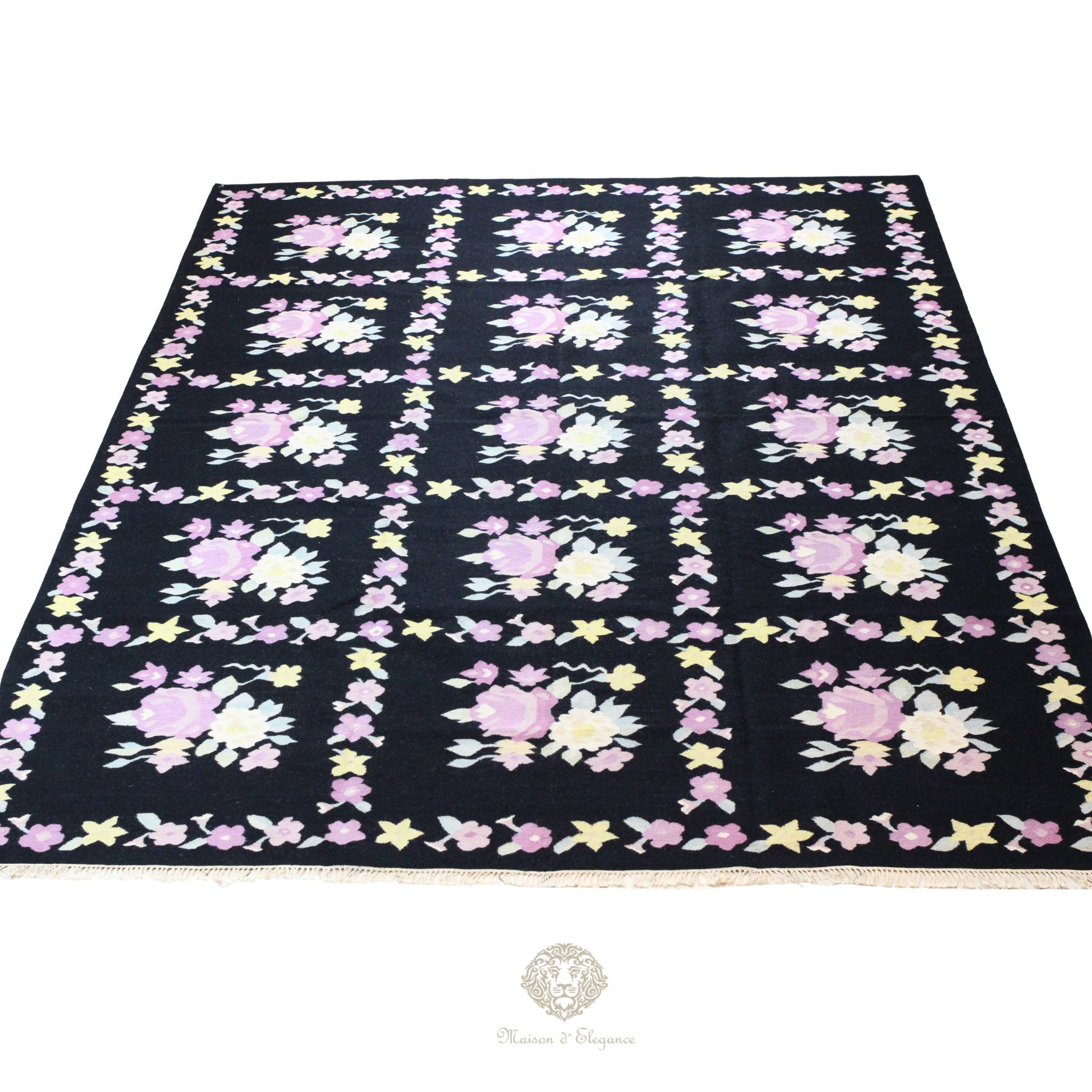 Alfombra Fino Kilim Tejido Plano Lana Negro Natural - Diseño Floral Europea 370x276 Doble cara