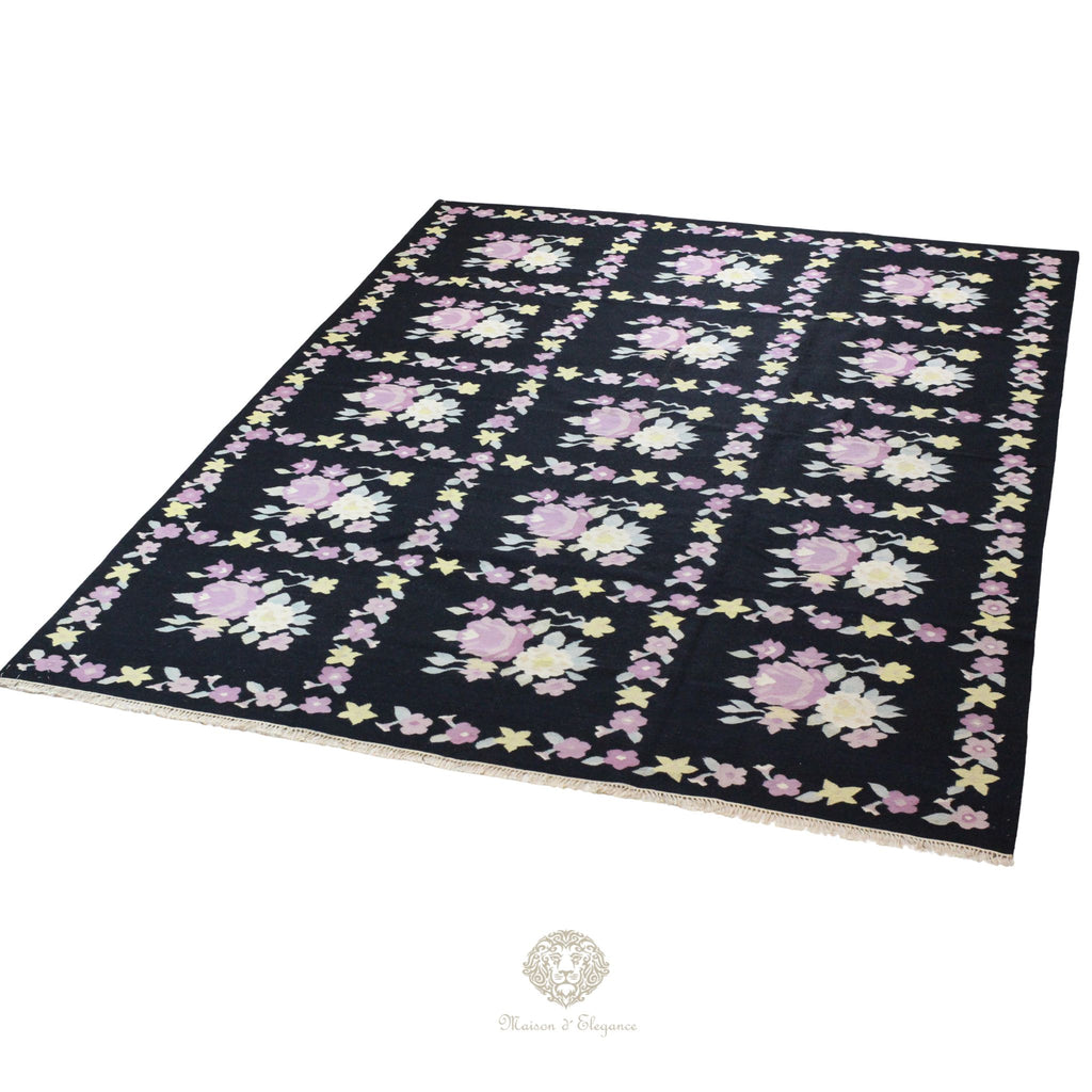 Alfombra Fino Kilim Tejido Plano Lana Negro Natural - Diseño Floral Europea 370x276 Doble cara
