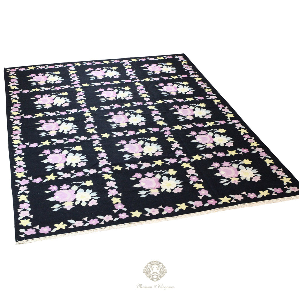 Alfombra Fino Kilim Tejido Plano Lana Negro Natural - Diseño Floral Europea 370x276 Doble cara