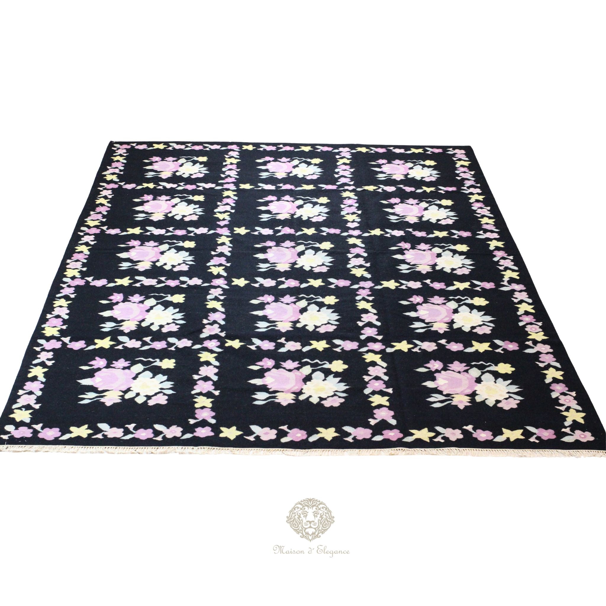 Alfombra Fino Kilim Tejido Plano Lana Negro Natural - Diseño Floral Europea 370x276 Doble cara
