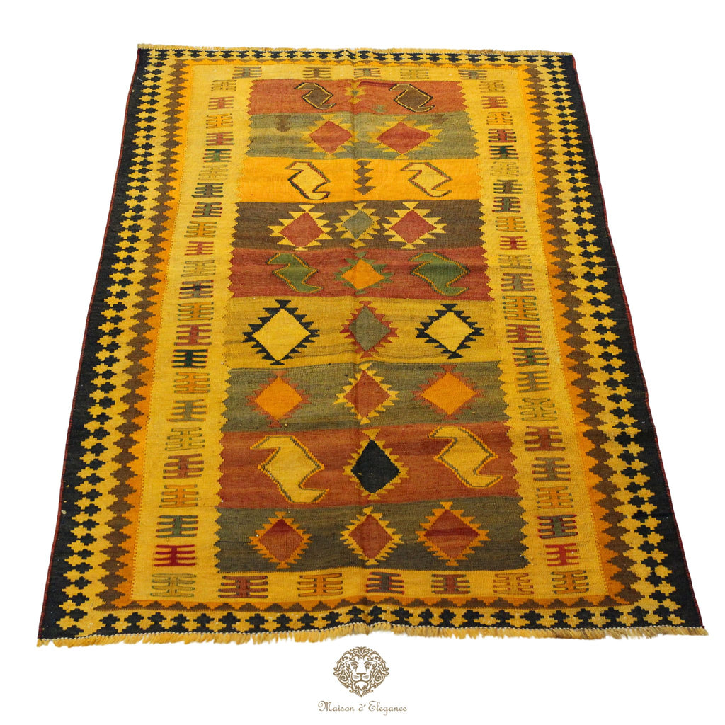 Alfombra Kilim Persa Qashqai Antigua Lana | Diseño Geométrico 231 x 133 cm
