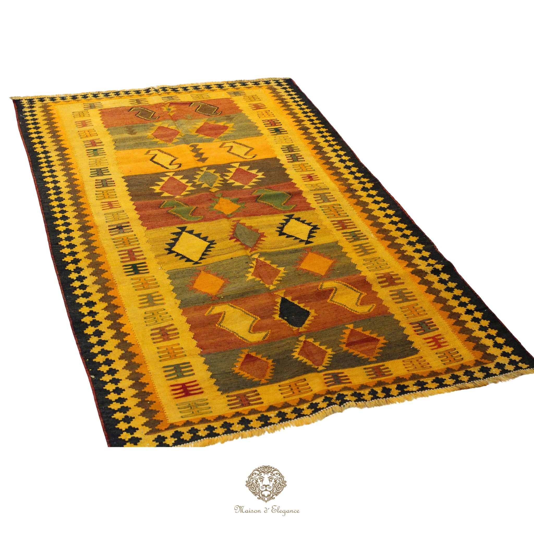 Alfombra Kilim Persa Qashqai Antigua Lana | Diseño Geométrico 231 x 133 cm
