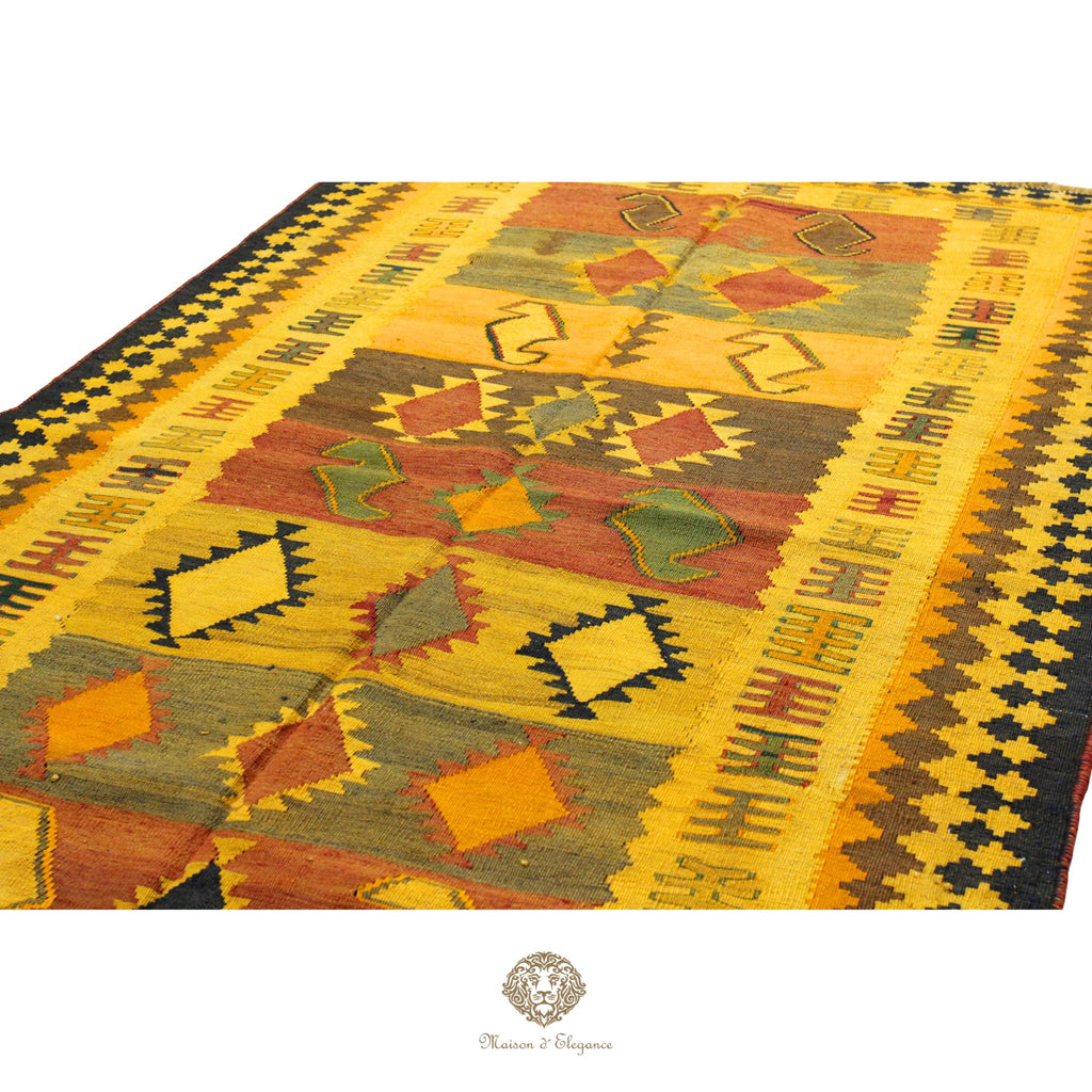 Alfombra Kilim Persa Qashqai Antigua Lana | Diseño Geométrico 231 x 133 cm