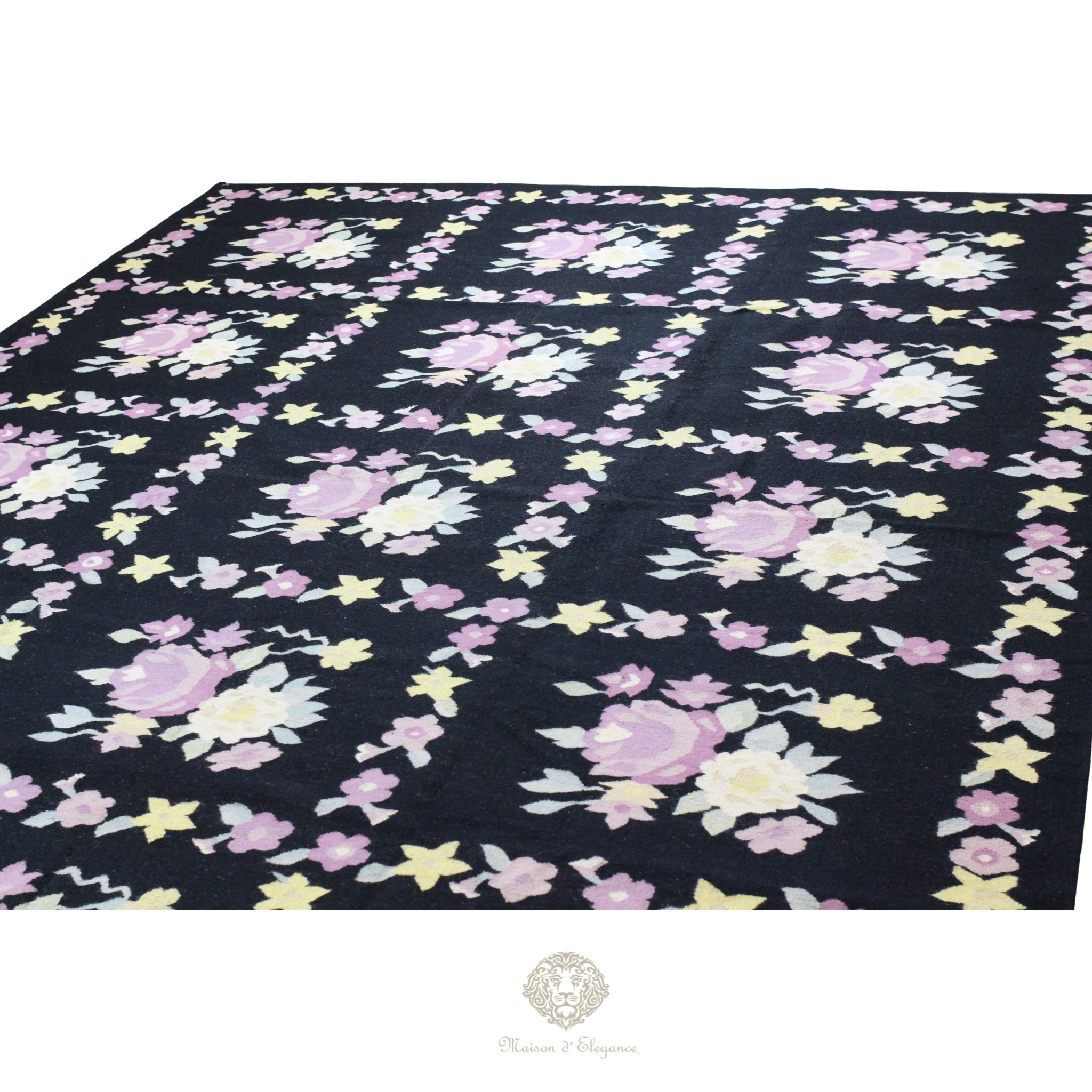 Alfombra Fino Kilim Tejido Plano Lana Negro Natural - Diseño Floral Europea 370x276 Doble cara