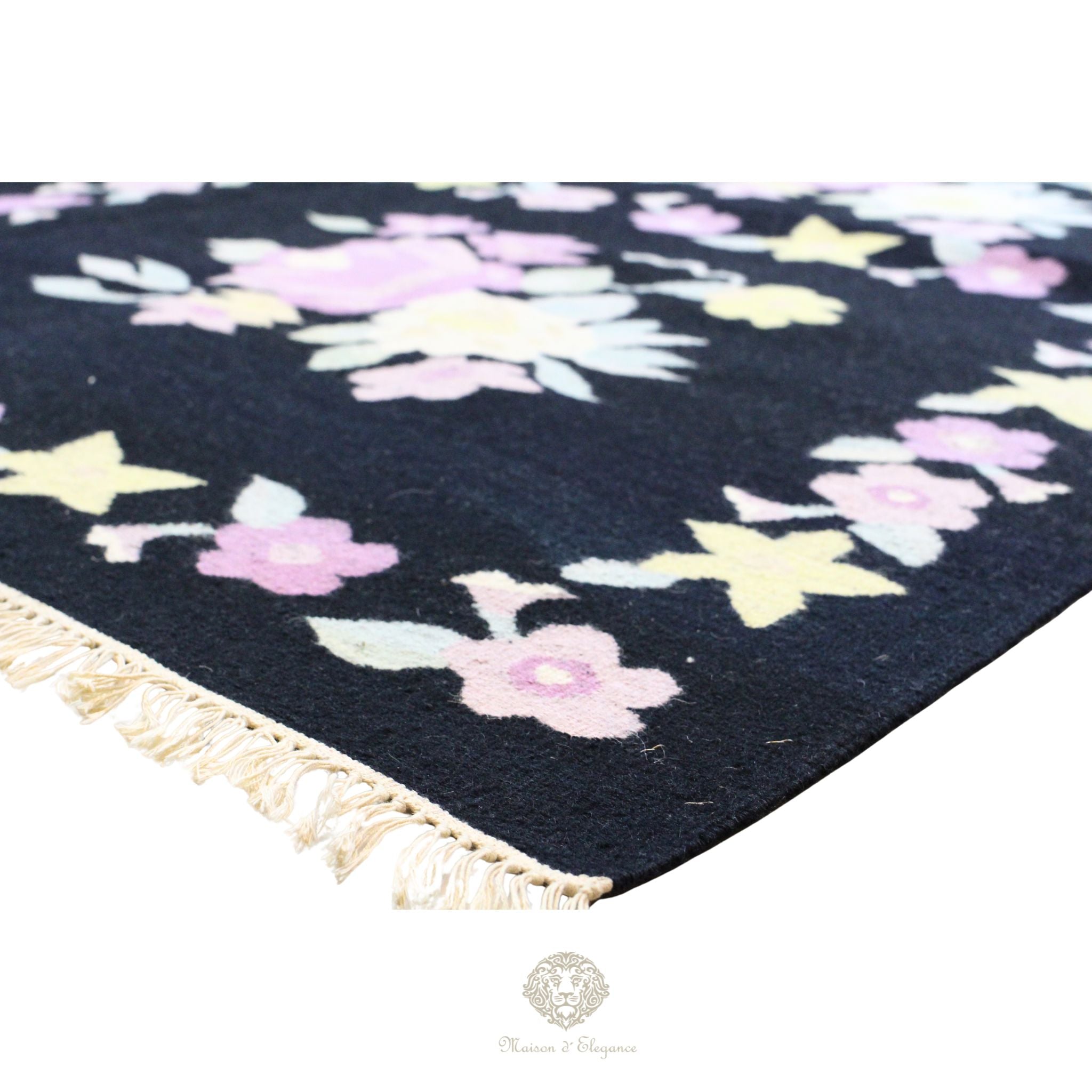 Alfombra Fino Kilim Tejido Plano Lana Negro Natural - Diseño Floral Europea 370x276 Doble cara