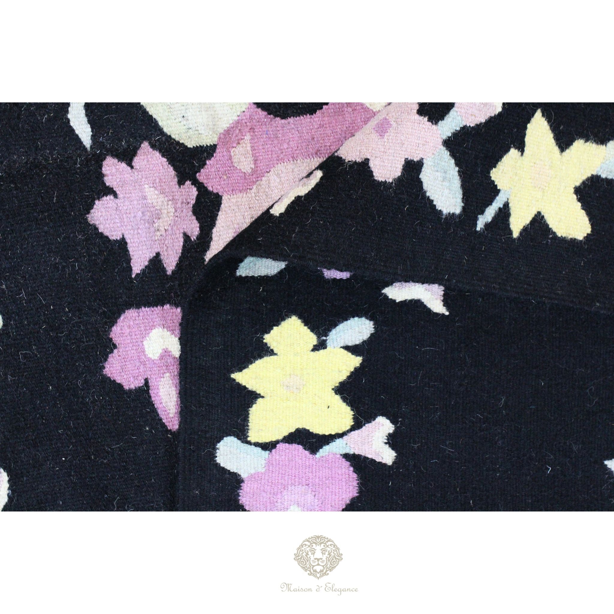 Alfombra Fino Kilim Tejido Plano Lana Negro Natural - Diseño Floral Europea 370x276 Doble cara