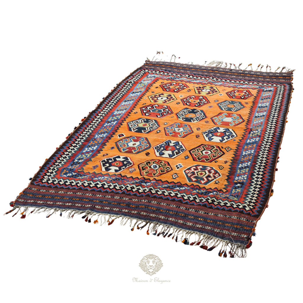Alfombra Kilim Persa Qashqai Antigua Lana | Diseño Geométrico 250 x 151 cm