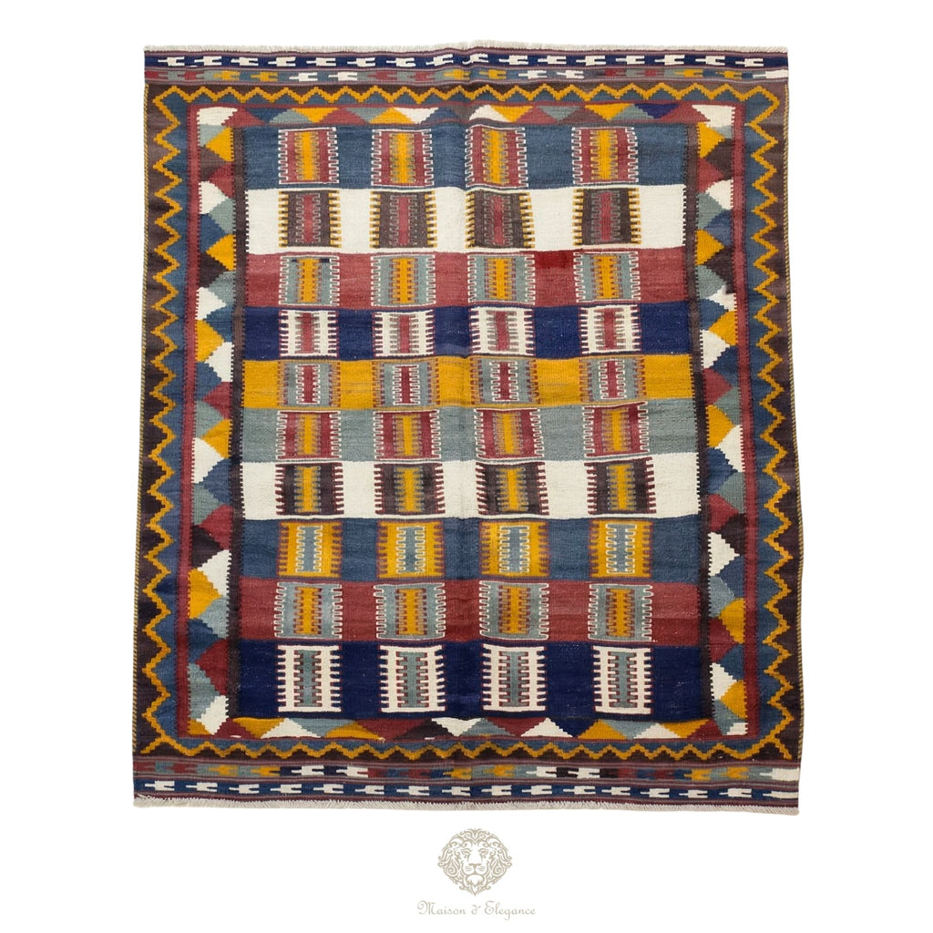 Alfombra Kilim Persa Qashqai Antigua Lana | Diseño Geométrico 201 x 122 cm