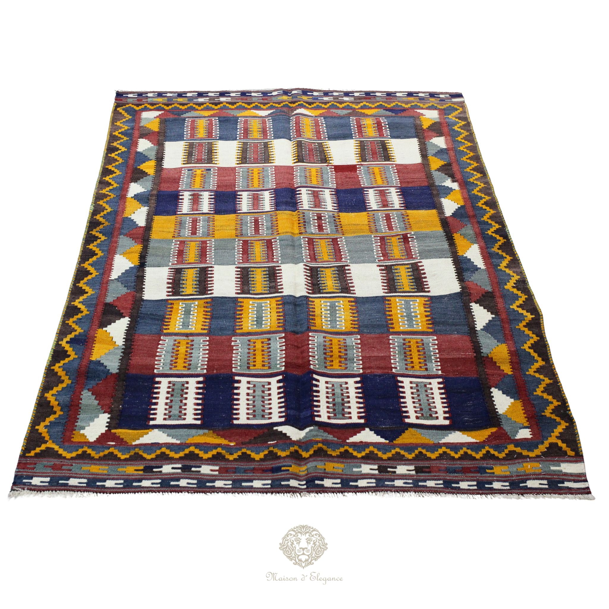 Alfombra Kilim Persa Qashqai Antigua Lana | Diseño Geométrico 201 x 122 cm
