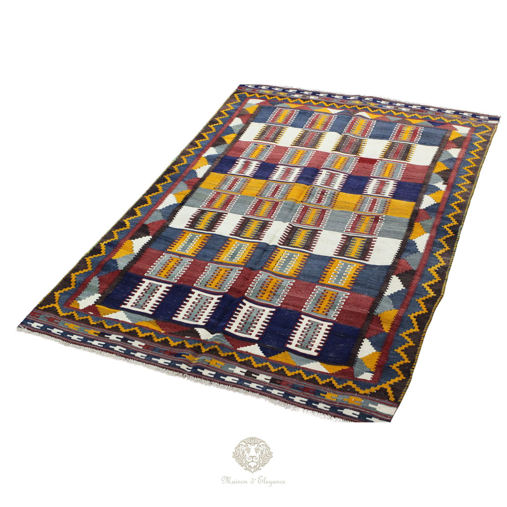 Alfombra Kilim Persa Qashqai Antigua Lana | Diseño Geométrico 201 x 122 cm