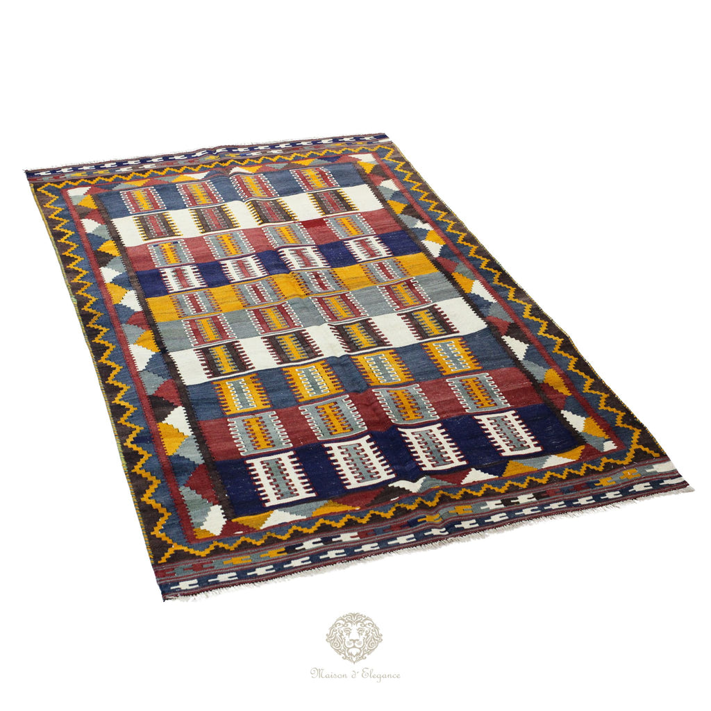Alfombra Kilim Persa Qashqai Antigua Lana | Diseño Geométrico 201 x 122 cm