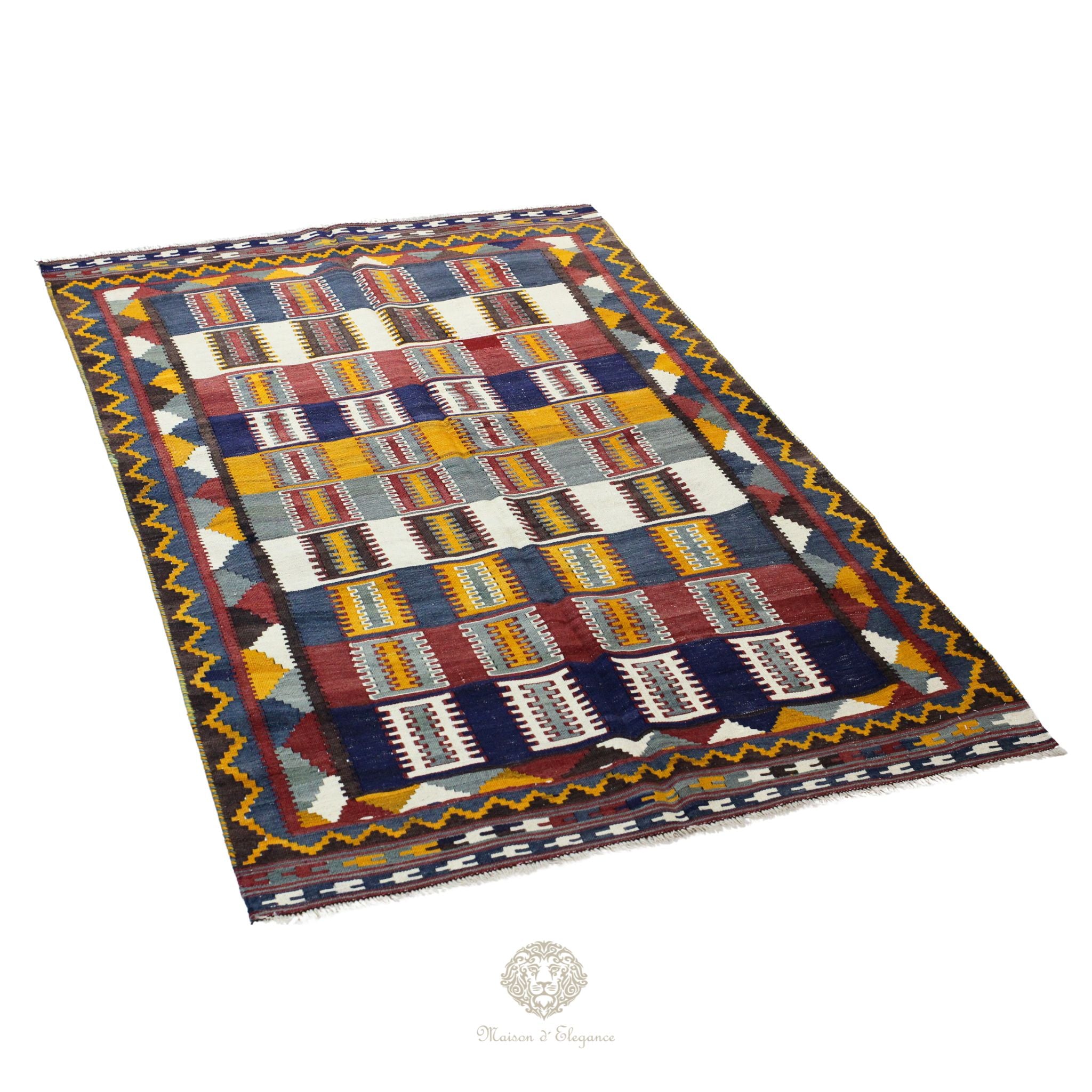 Alfombra Kilim Persa Qashqai Antigua Lana | Diseño Geométrico 201 x 122 cm