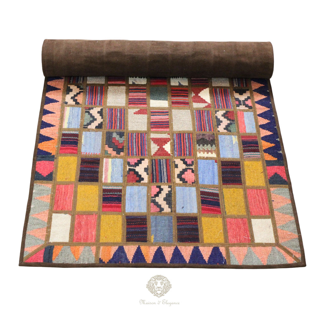 Alfombra persa Kilim Patchwork Runner | Cosido con refuerzo de cuero 82x203 cm