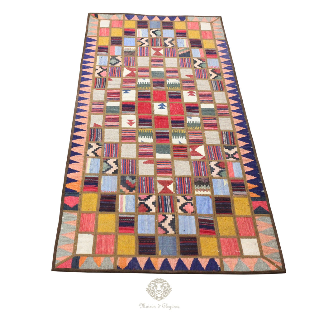 Alfombra persa Kilim Patchwork Runner | Cosido con refuerzo de cuero 82x203 cm