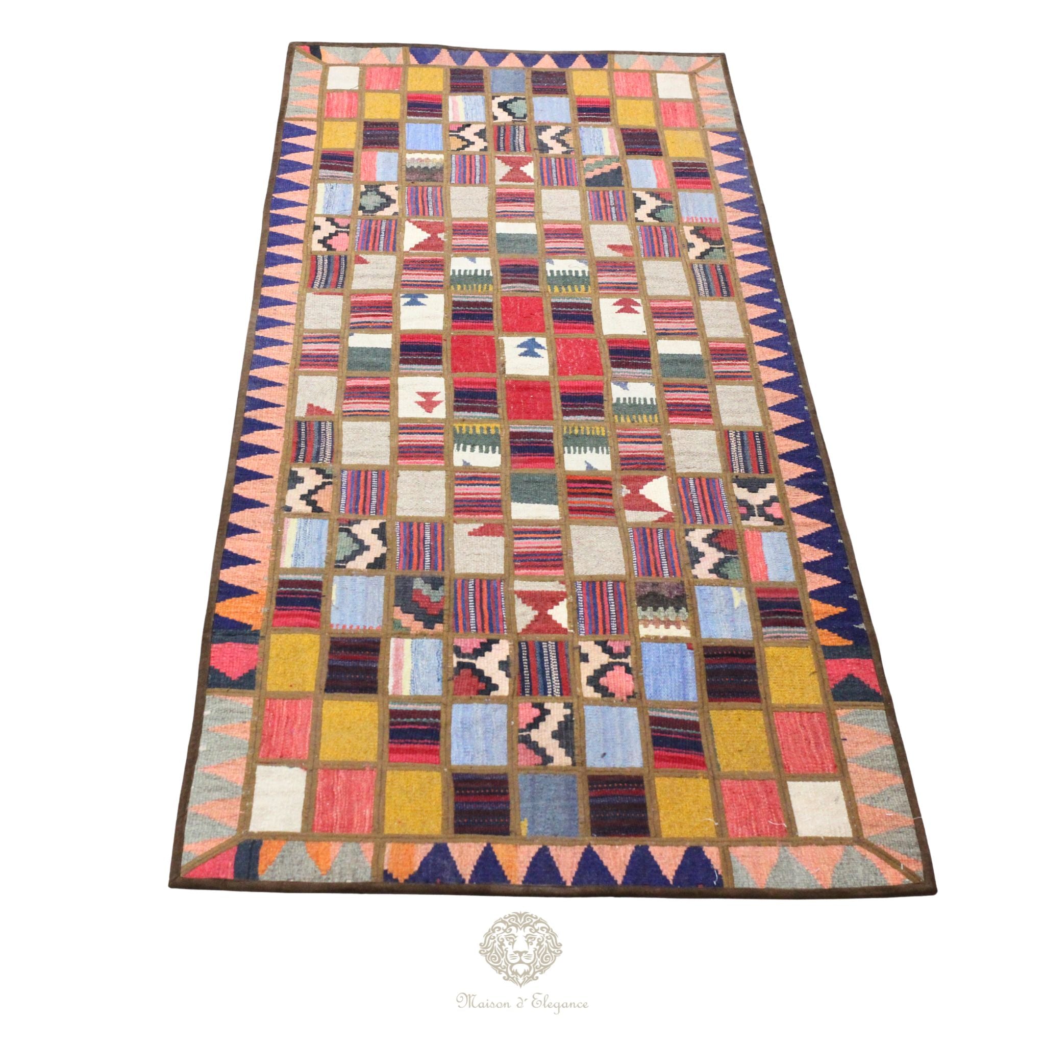 Alfombra persa Kilim Patchwork Runner | Cosido con refuerzo de cuero 82x203 cm