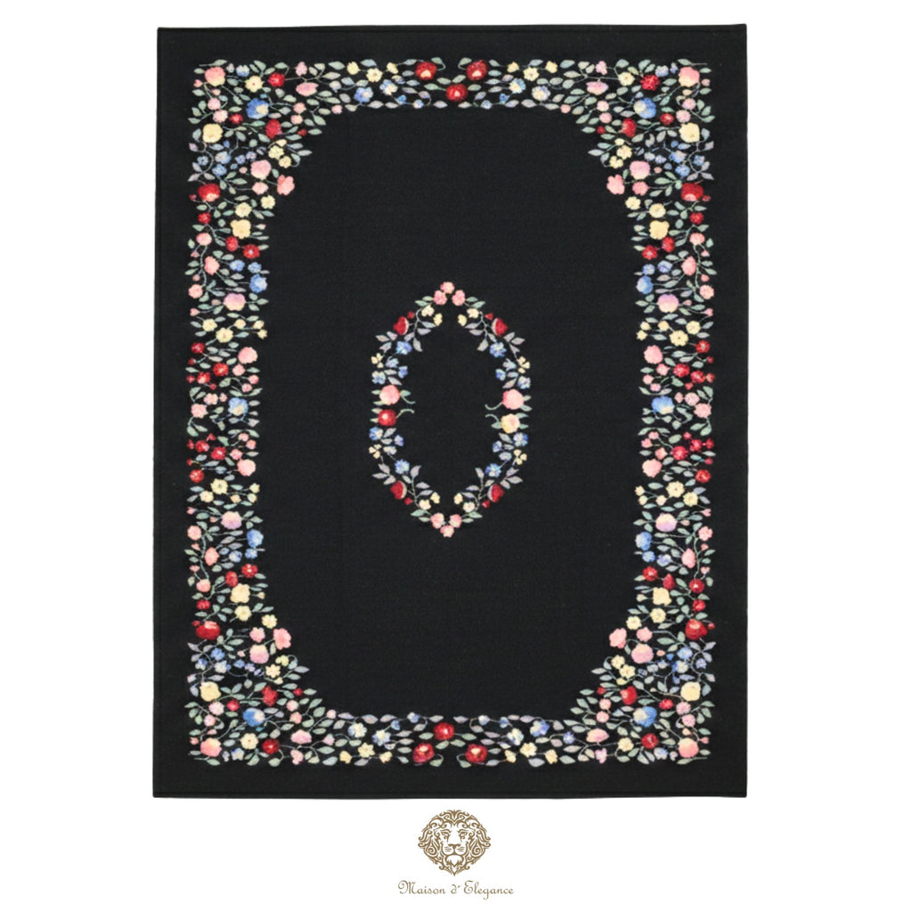 Alfombra Fino Kilim Tejido Plano Lana Negro Natural - Diseño Floral Europea 373x264 cm Doble cara