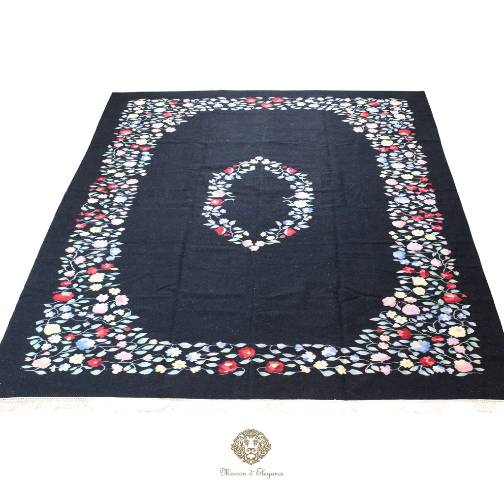 Alfombra Fino Kilim Tejido Plano Lana Negro Natural - Diseño Floral Europea 373x264 cm Doble cara